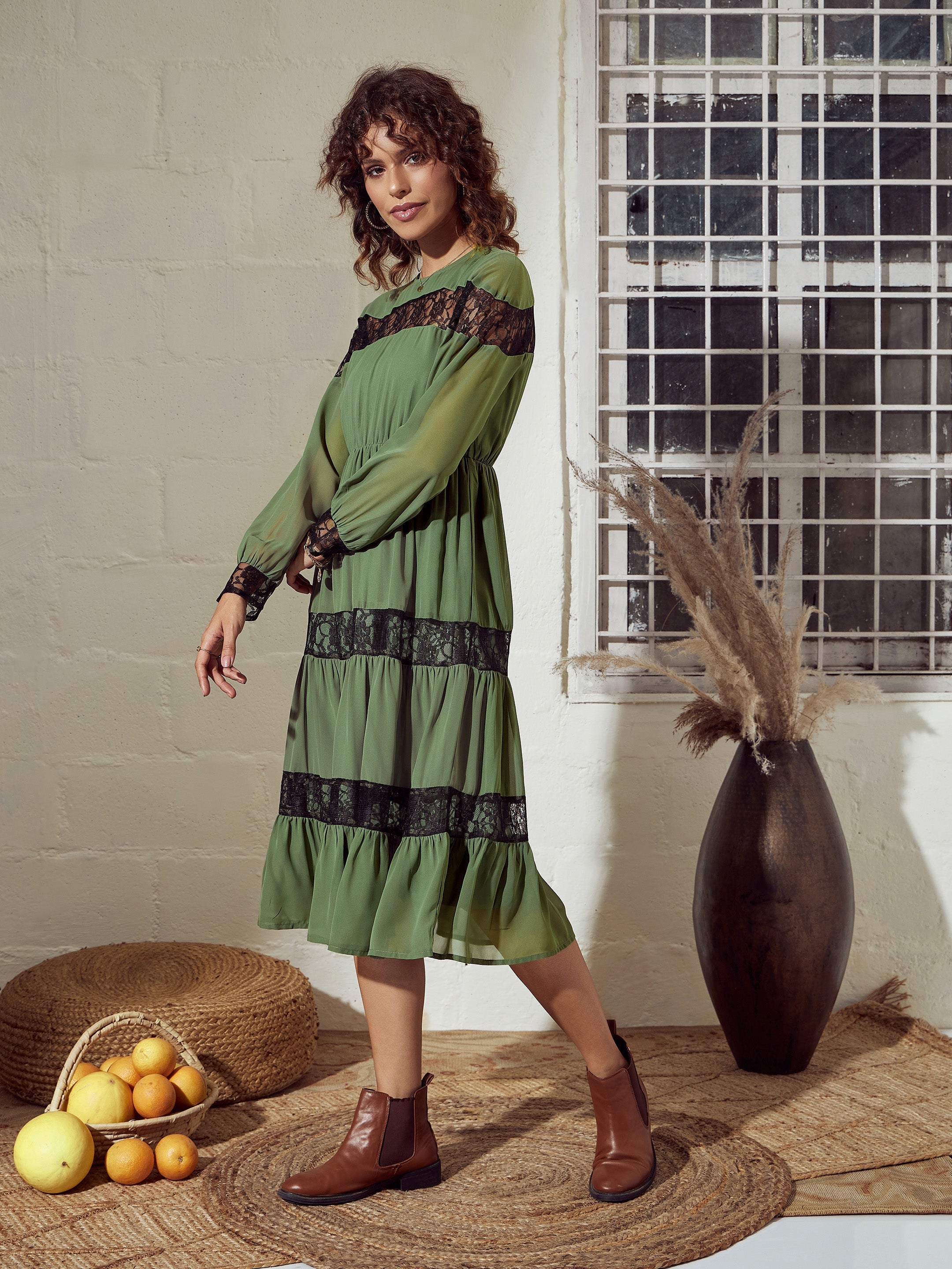 Women's Olive Lace Insert Tiered Midi Dress - Lyush