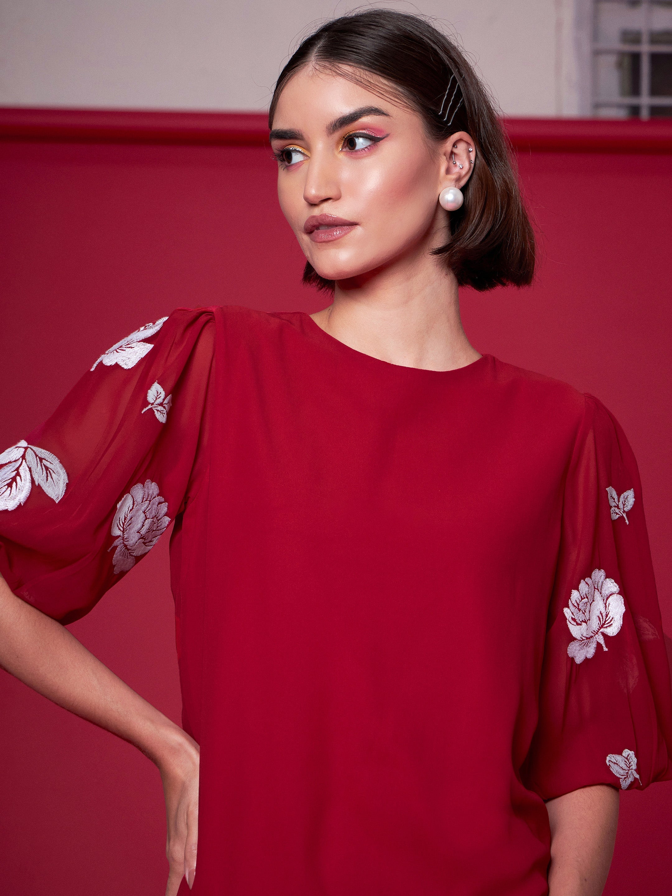 Women's Red Floral Embroidered Puff Sleeves Dress - Lyush