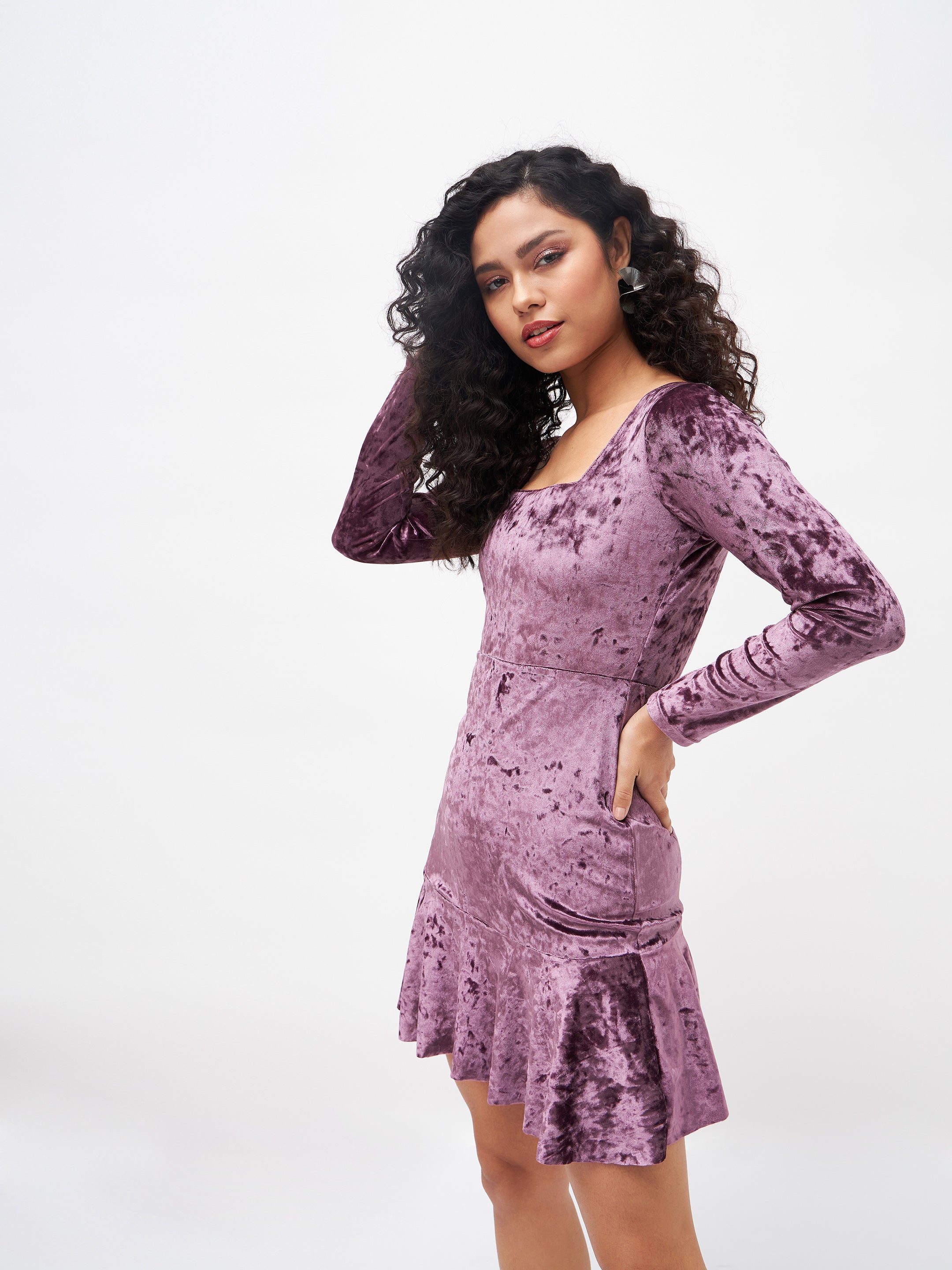 Women's Purple Velvet Frill Hem Mini Dress - Lyush