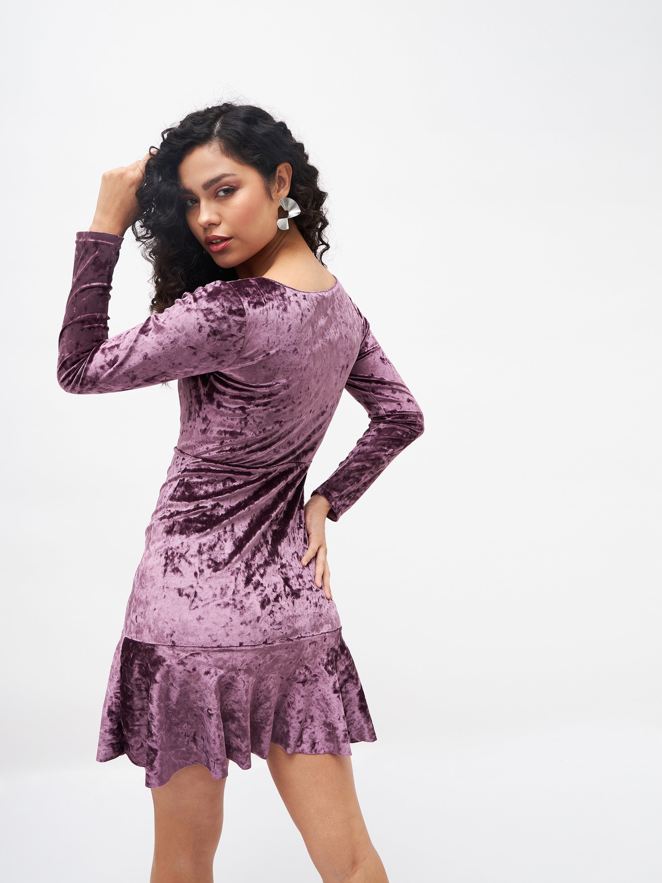 Women's Purple Velvet Frill Hem Mini Dress - Lyush
