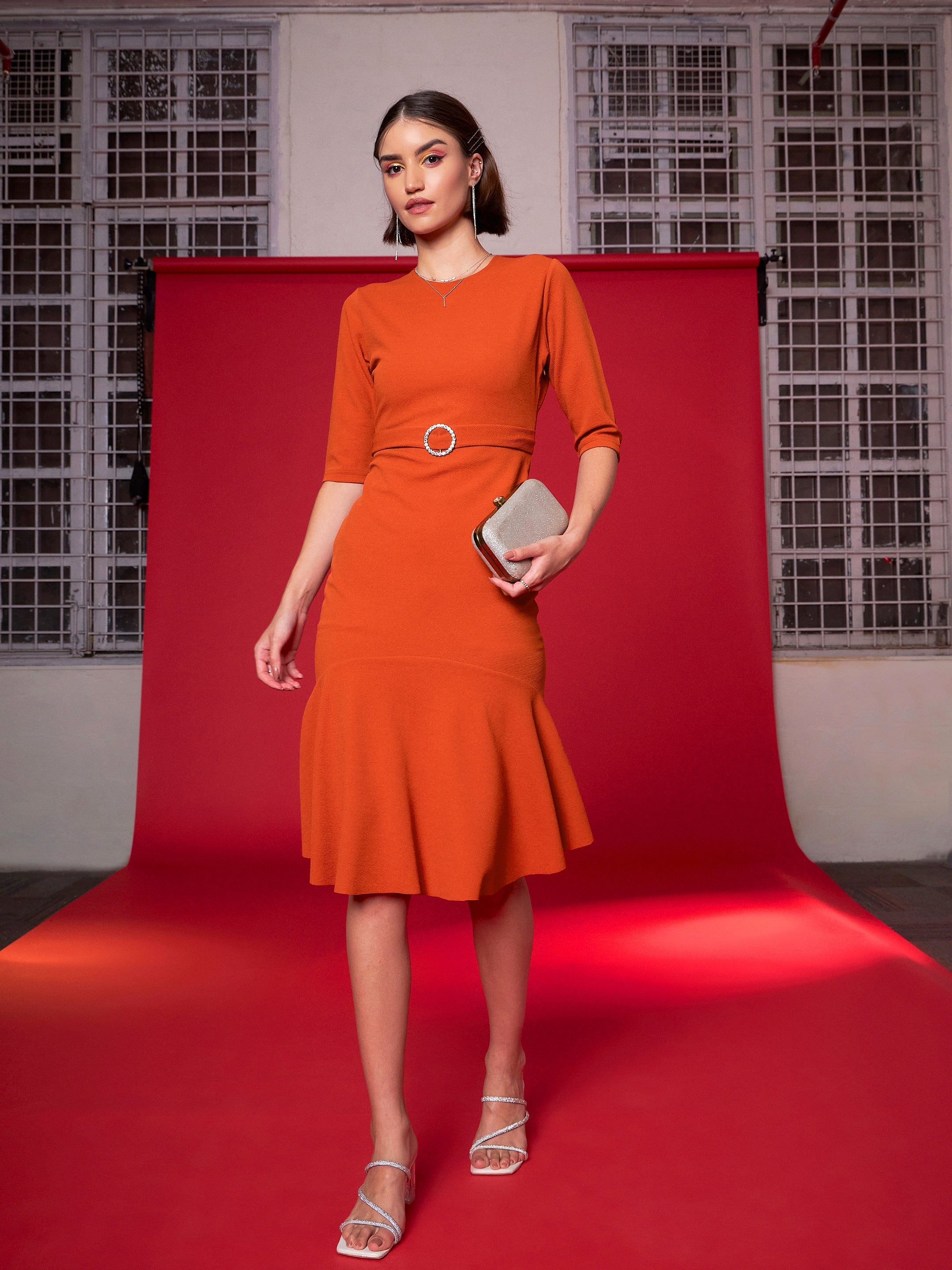 Women's Orange Frill Hem Belted Midi Dress - Lyush