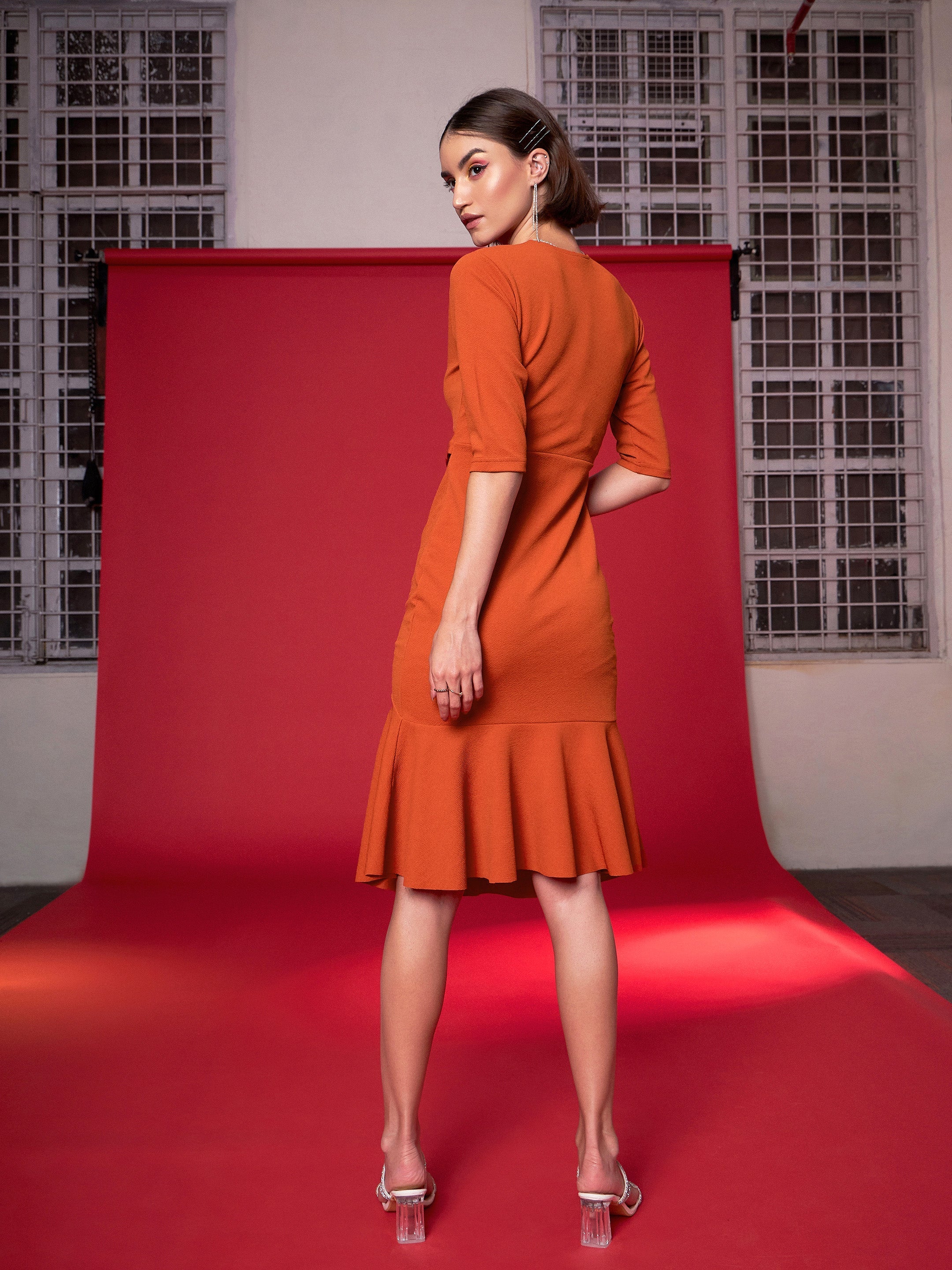 Women's Orange Frill Hem Belted Midi Dress - Lyush