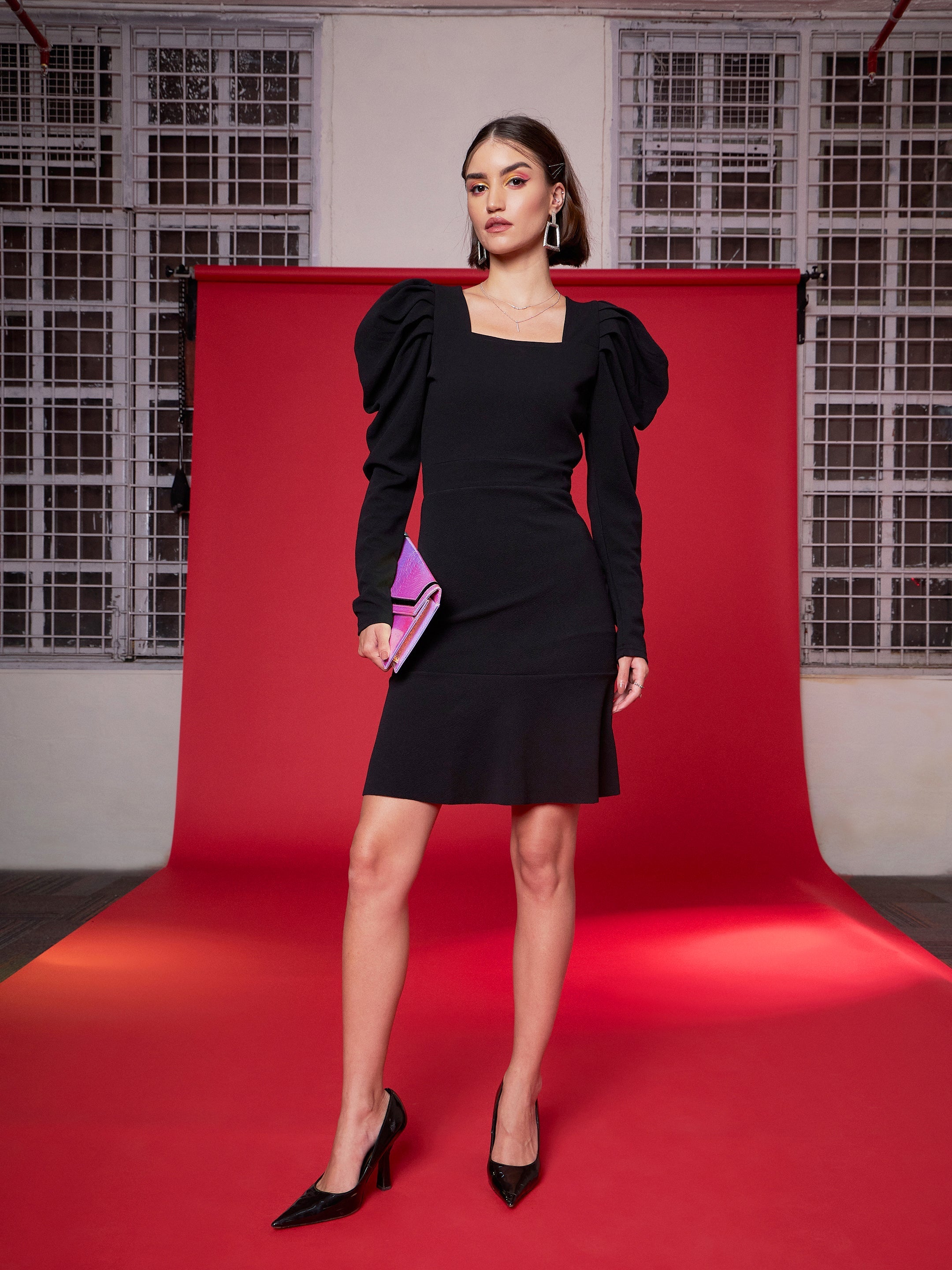 Women's Black Puff Sleeves Frill Hem Bodycon Dress - Lyush