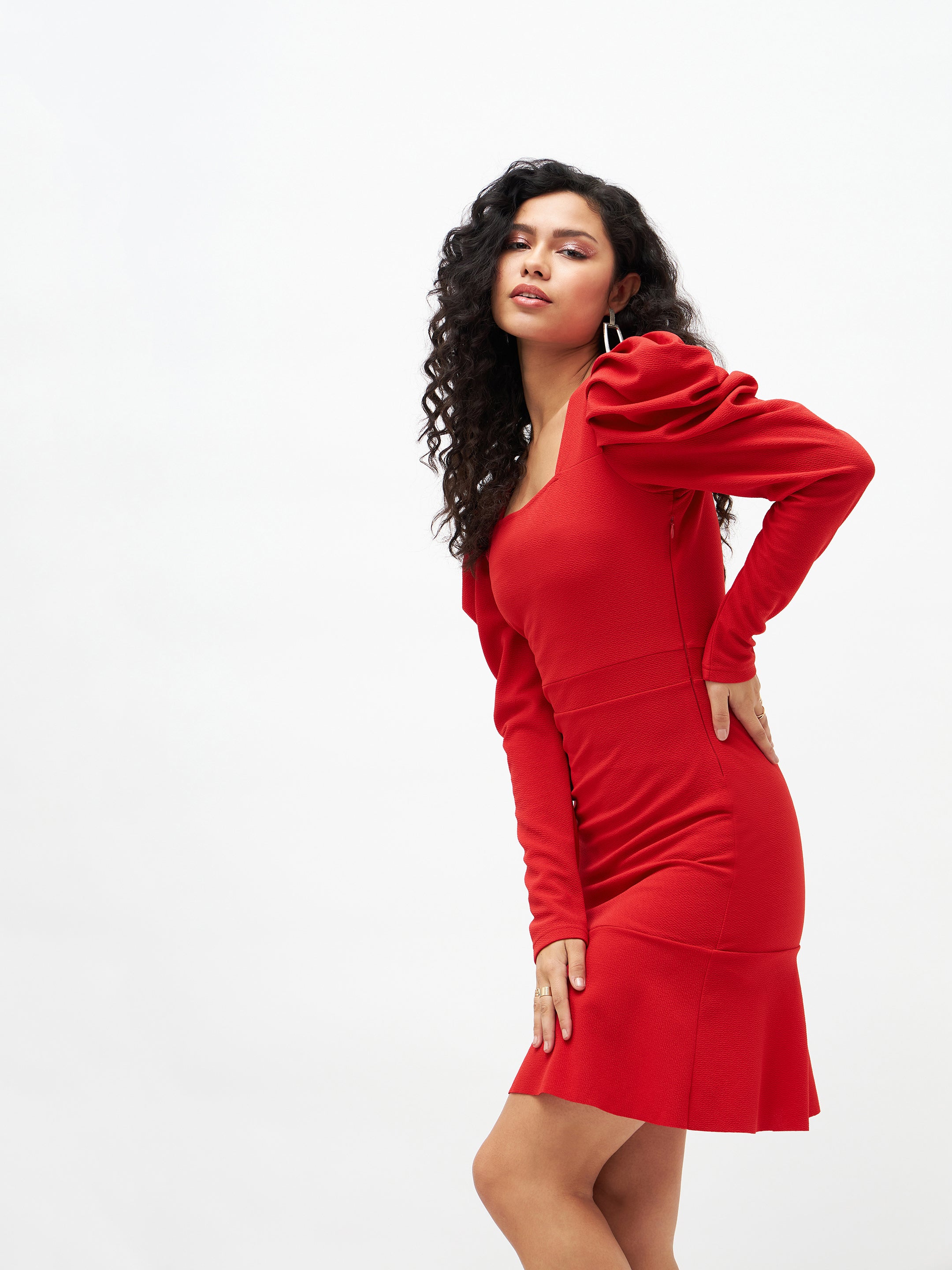 Women's Red Puff Sleeves Frill Hem Bodycon Dress - Lyush