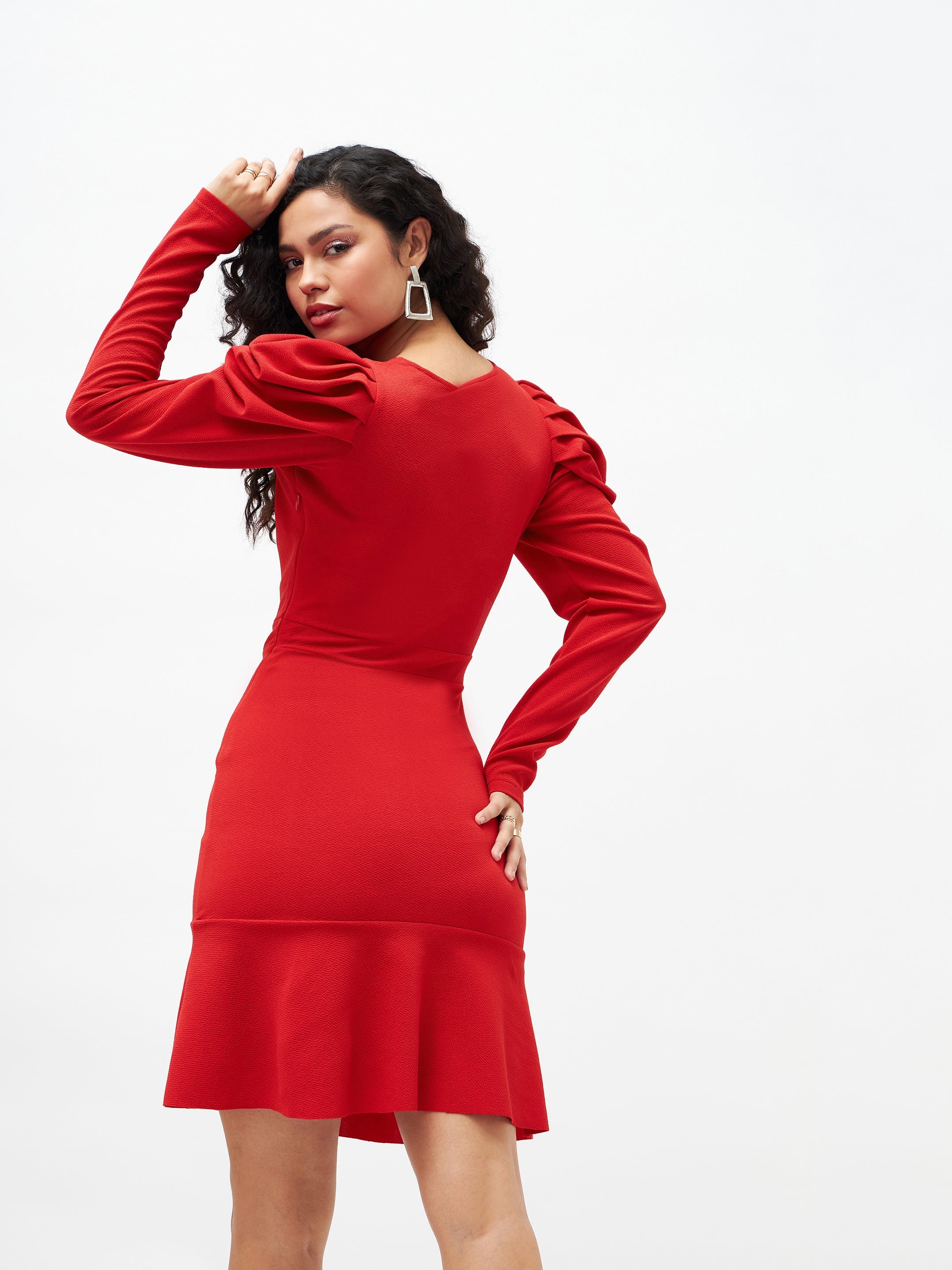 Women's Red Puff Sleeves Frill Hem Bodycon Dress - Lyush