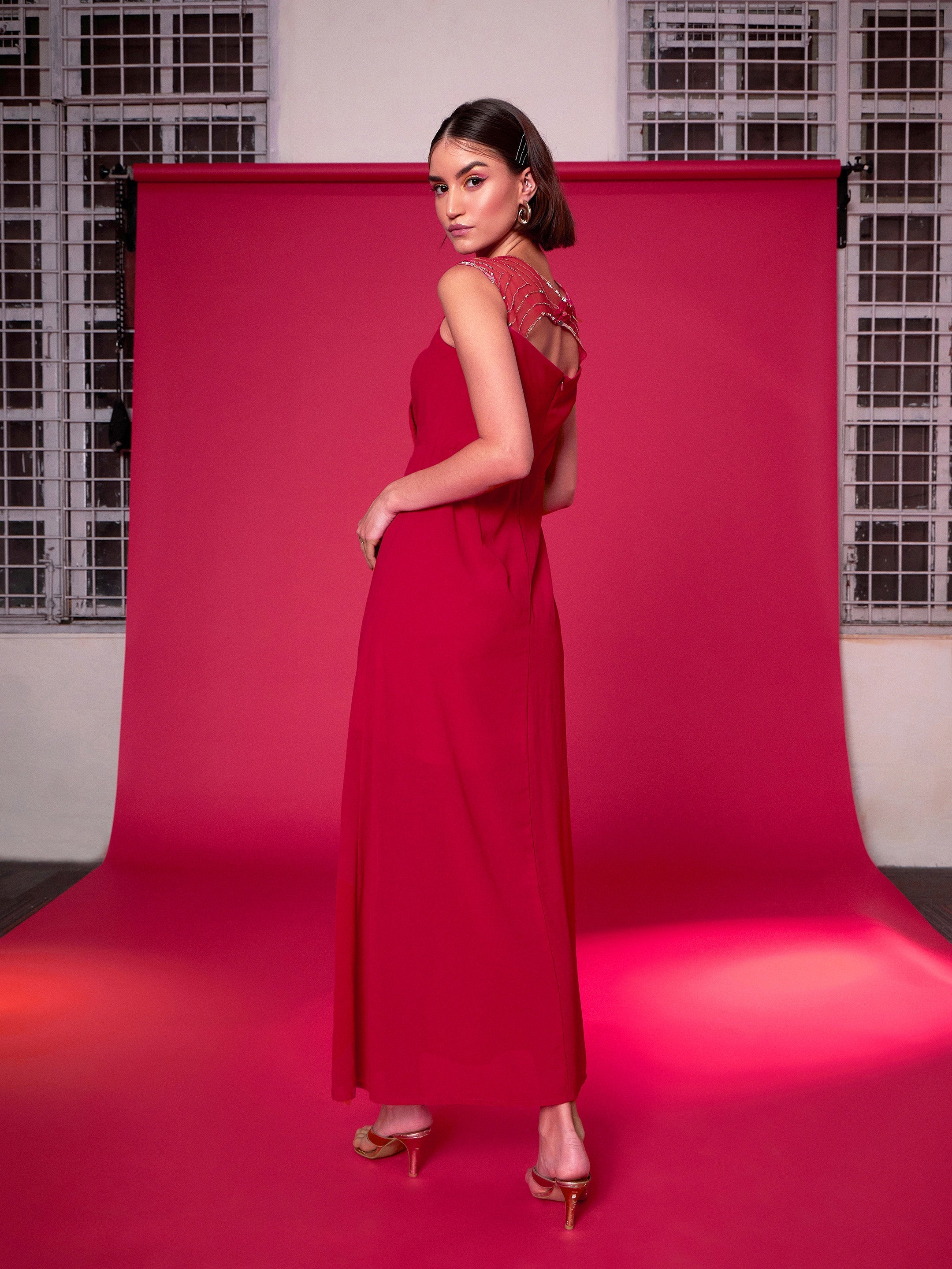 Women's Red Embellished Back Cut Out Maxi Dress - Lyush