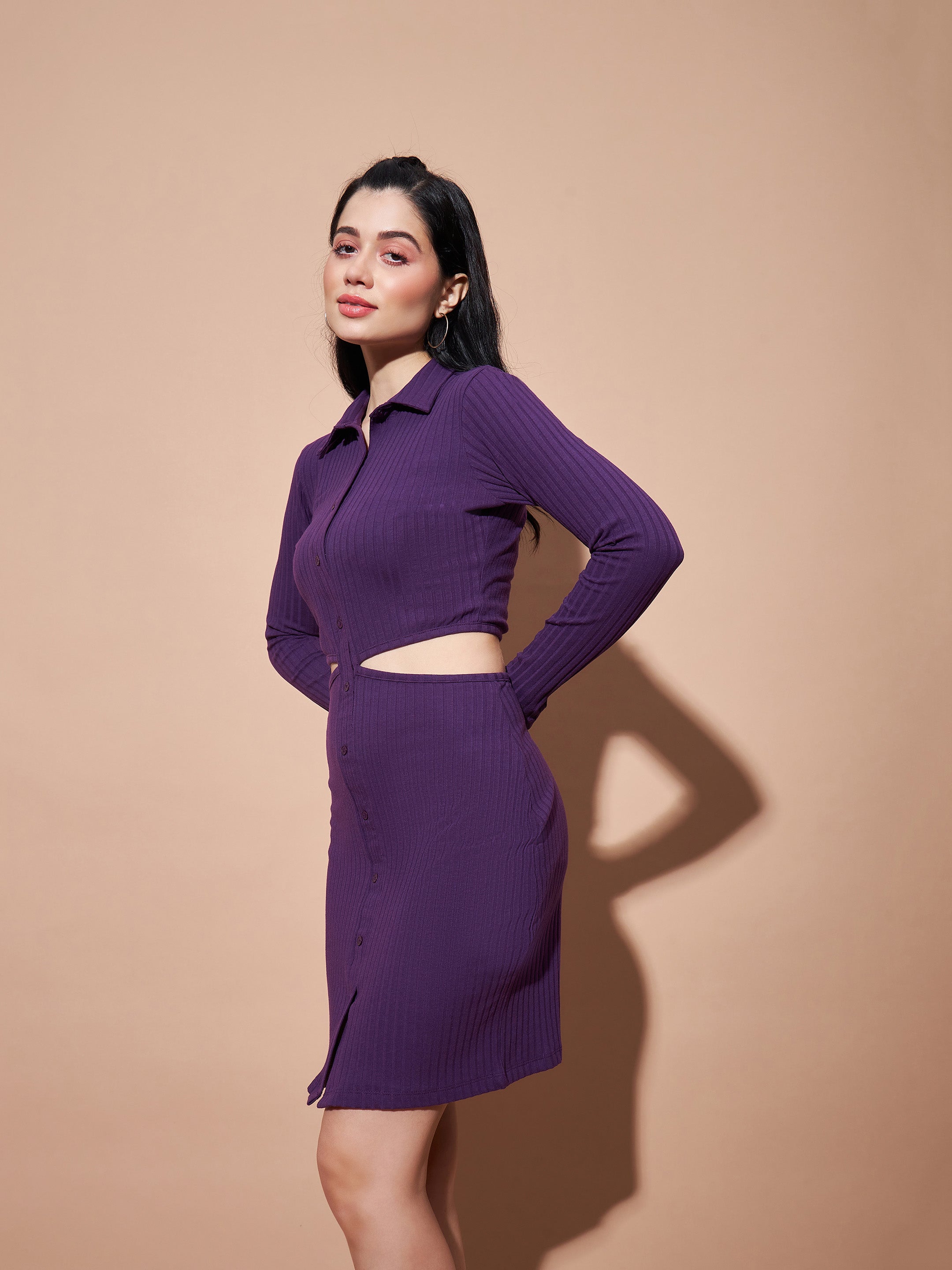Women's Purple Side Cut-Out Collar Bodycon Rib Dress - Lyush