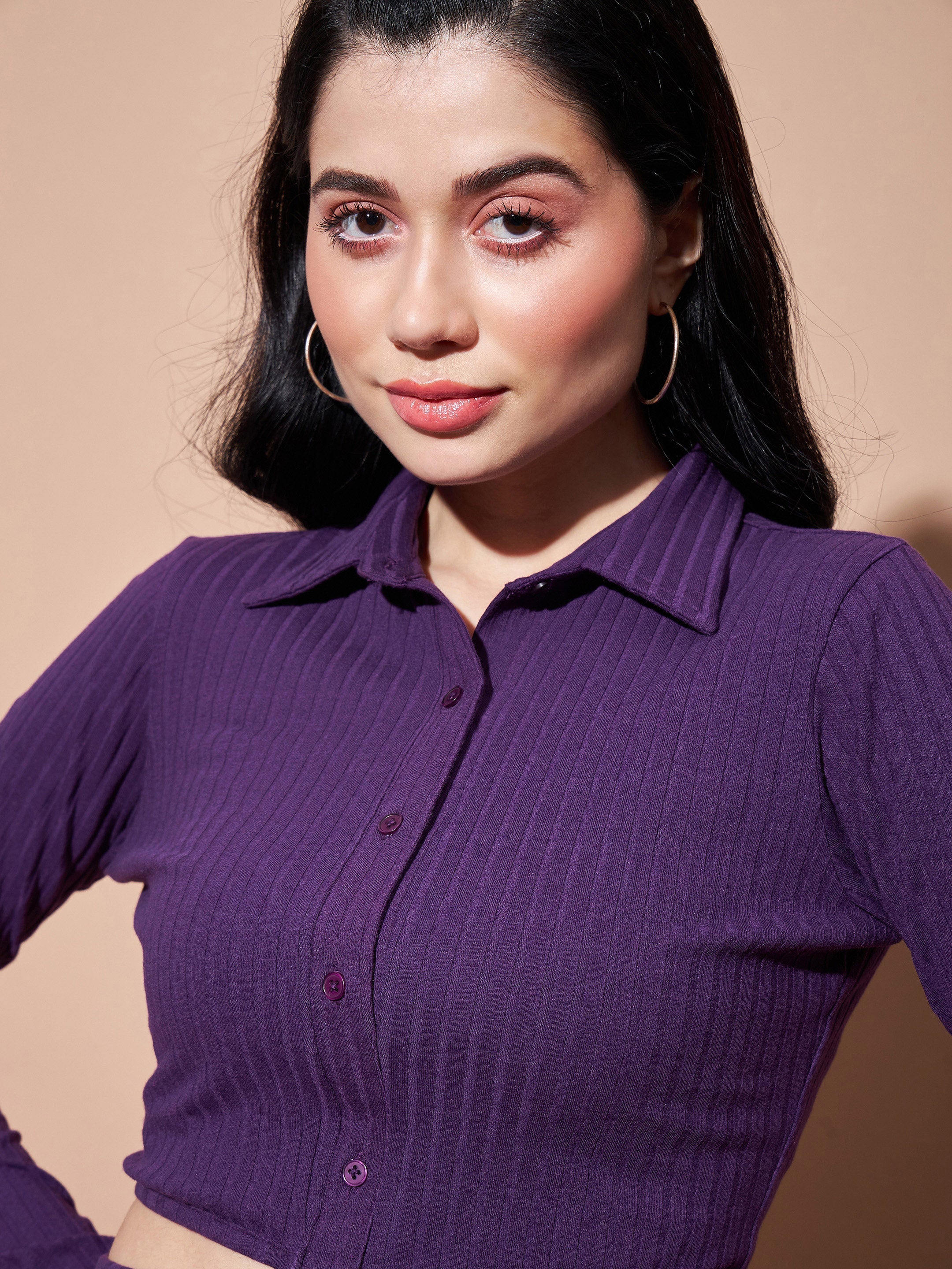 Women's Purple Side Cut-Out Collar Bodycon Rib Dress - Lyush