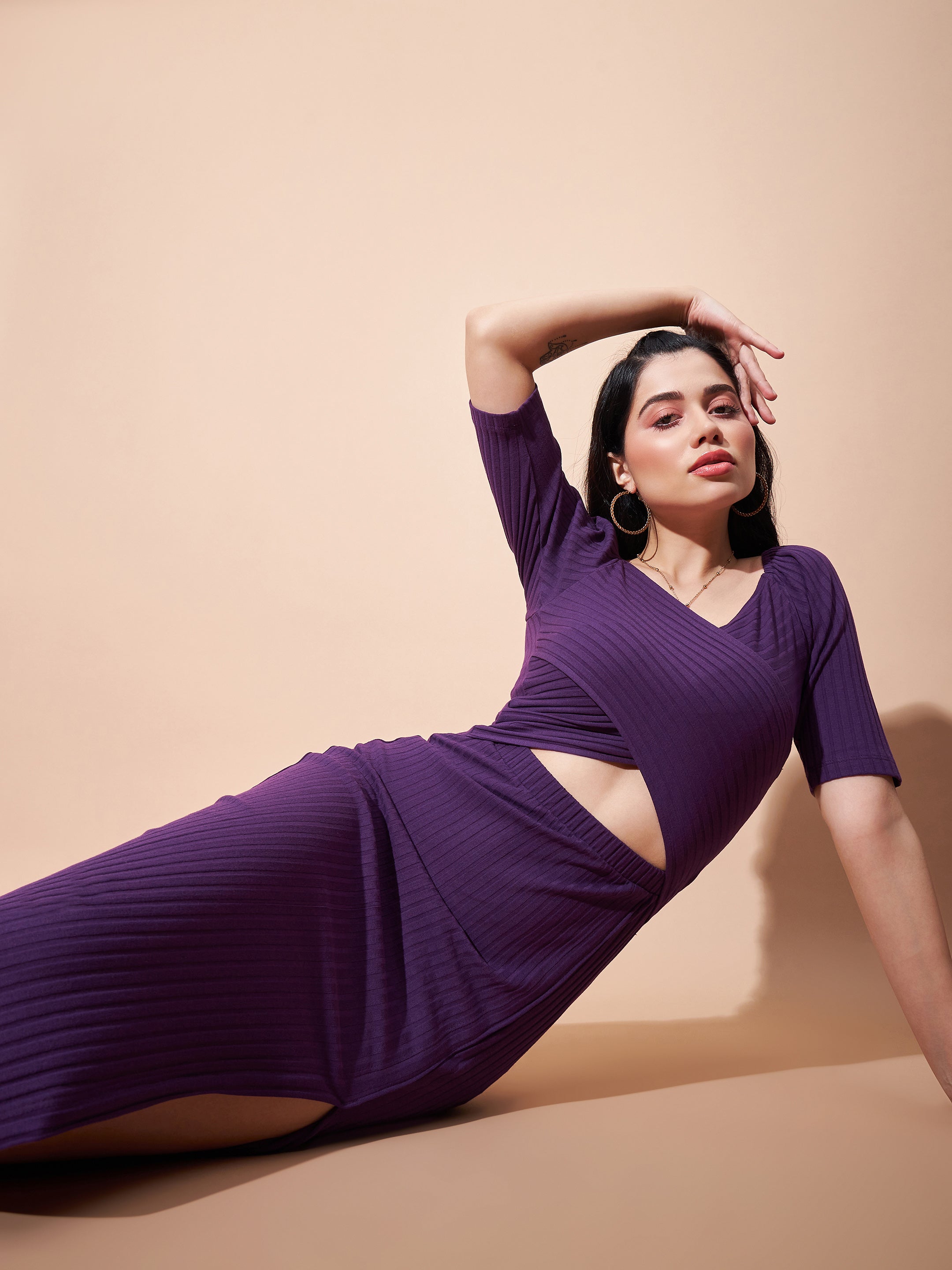 Women's Purple Side Slit V-Neck Rib Maxi Dress - Lyush