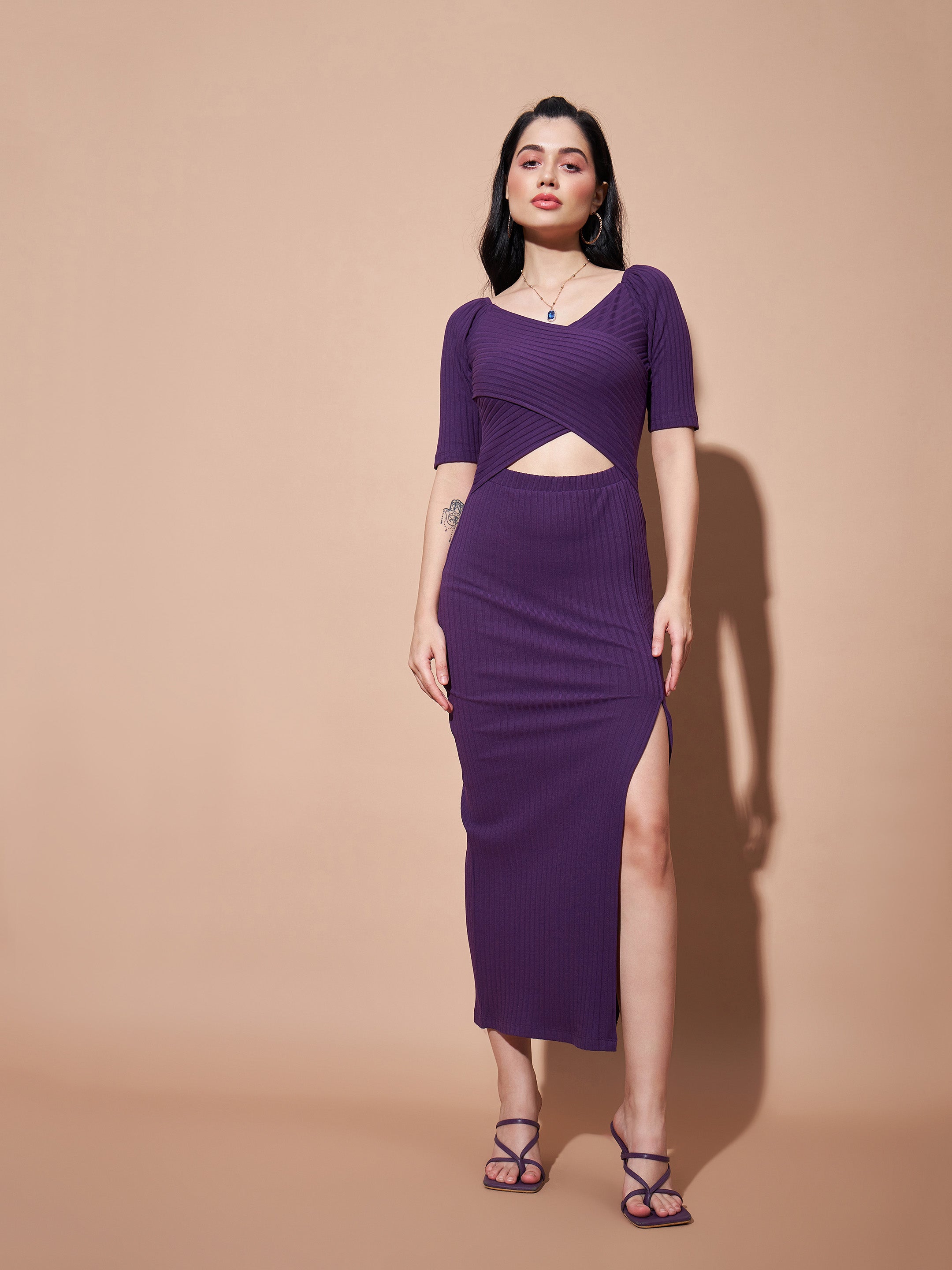 Women's Purple Side Slit V-Neck Rib Maxi Dress - Lyush