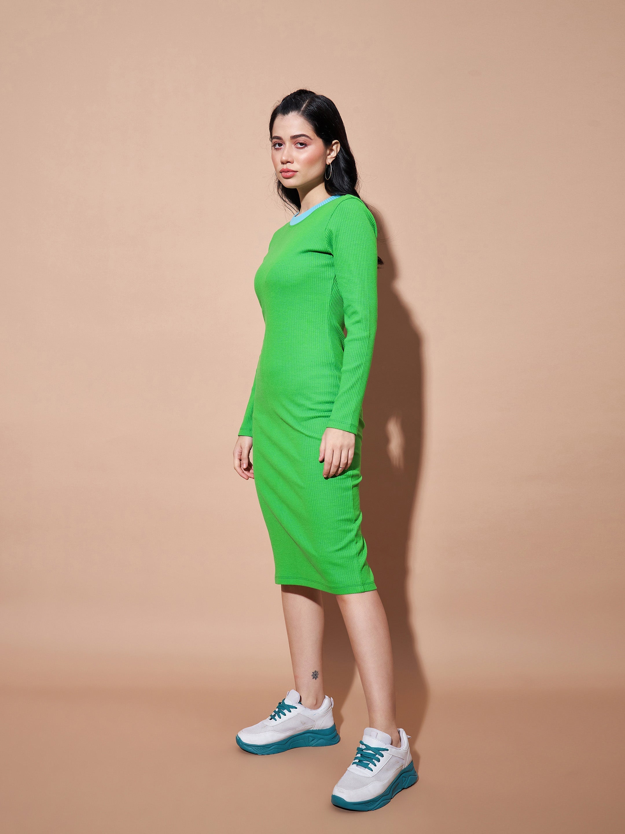 Women's Green Contrast Rib Bodycon Rib Dress - Lyush