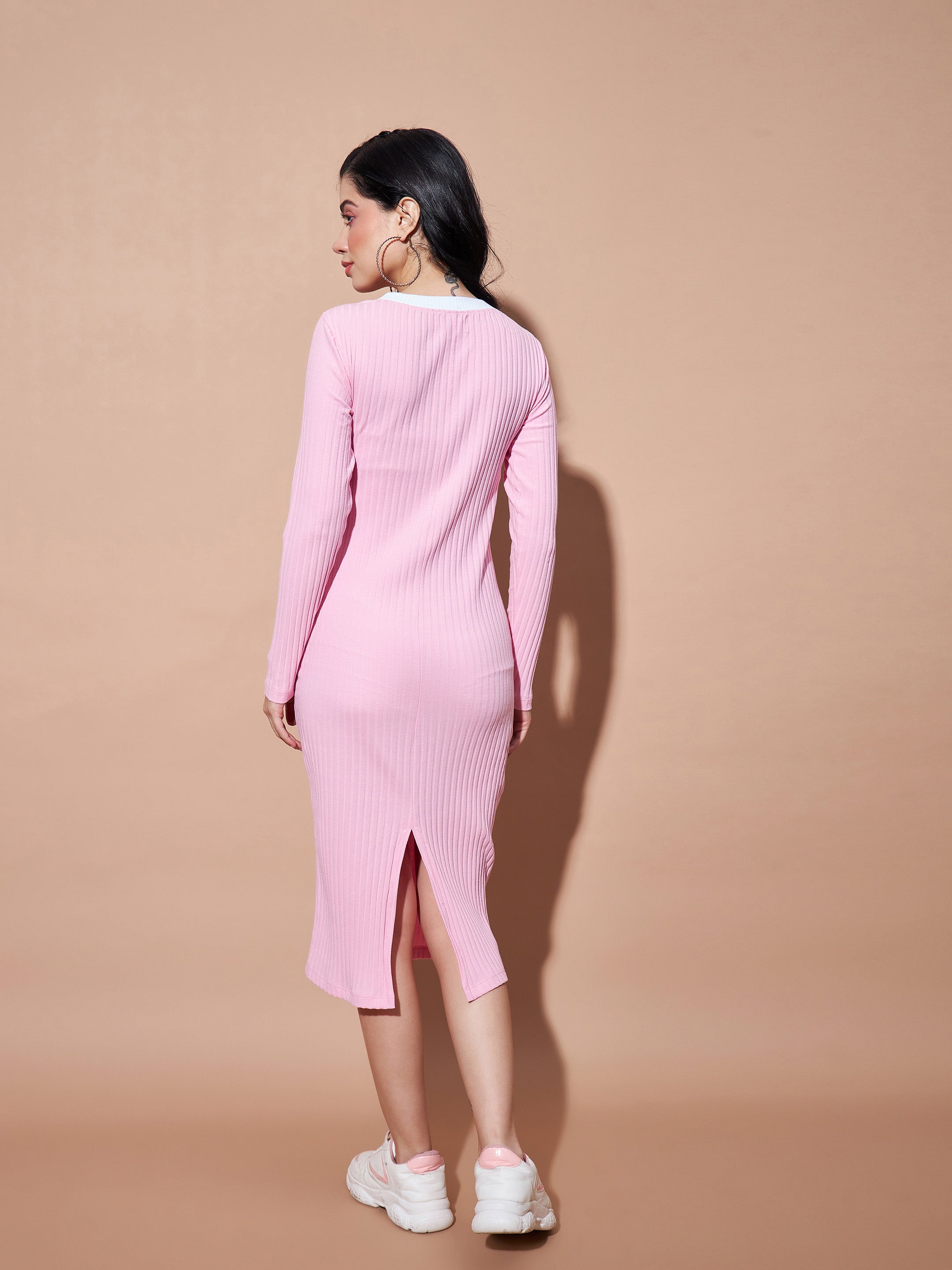 Women's Pink Contrast Rib Bodycon Rib Dress - Lyush