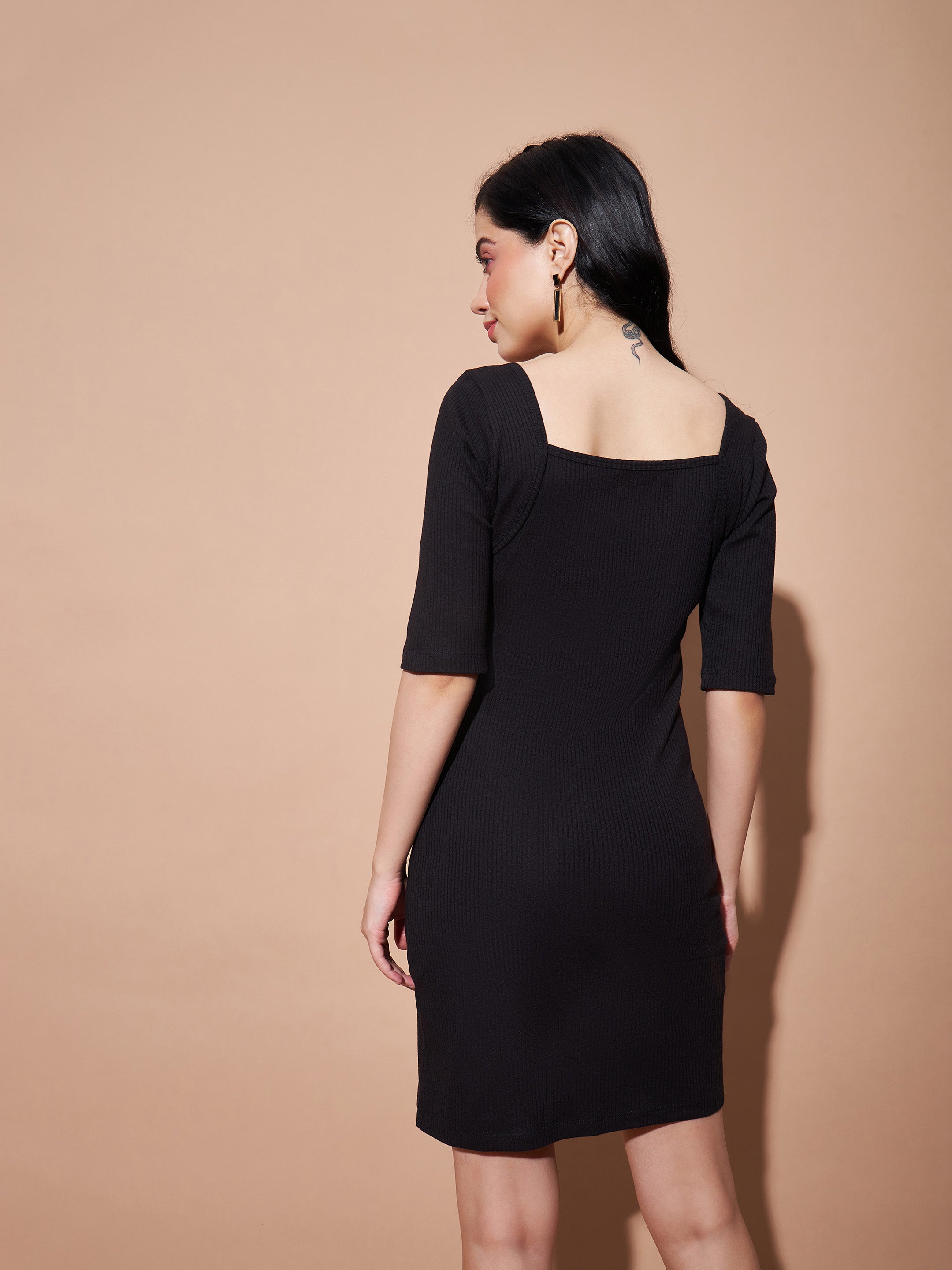 Women's Black Rib Square Neck Short Dress - Lyush
