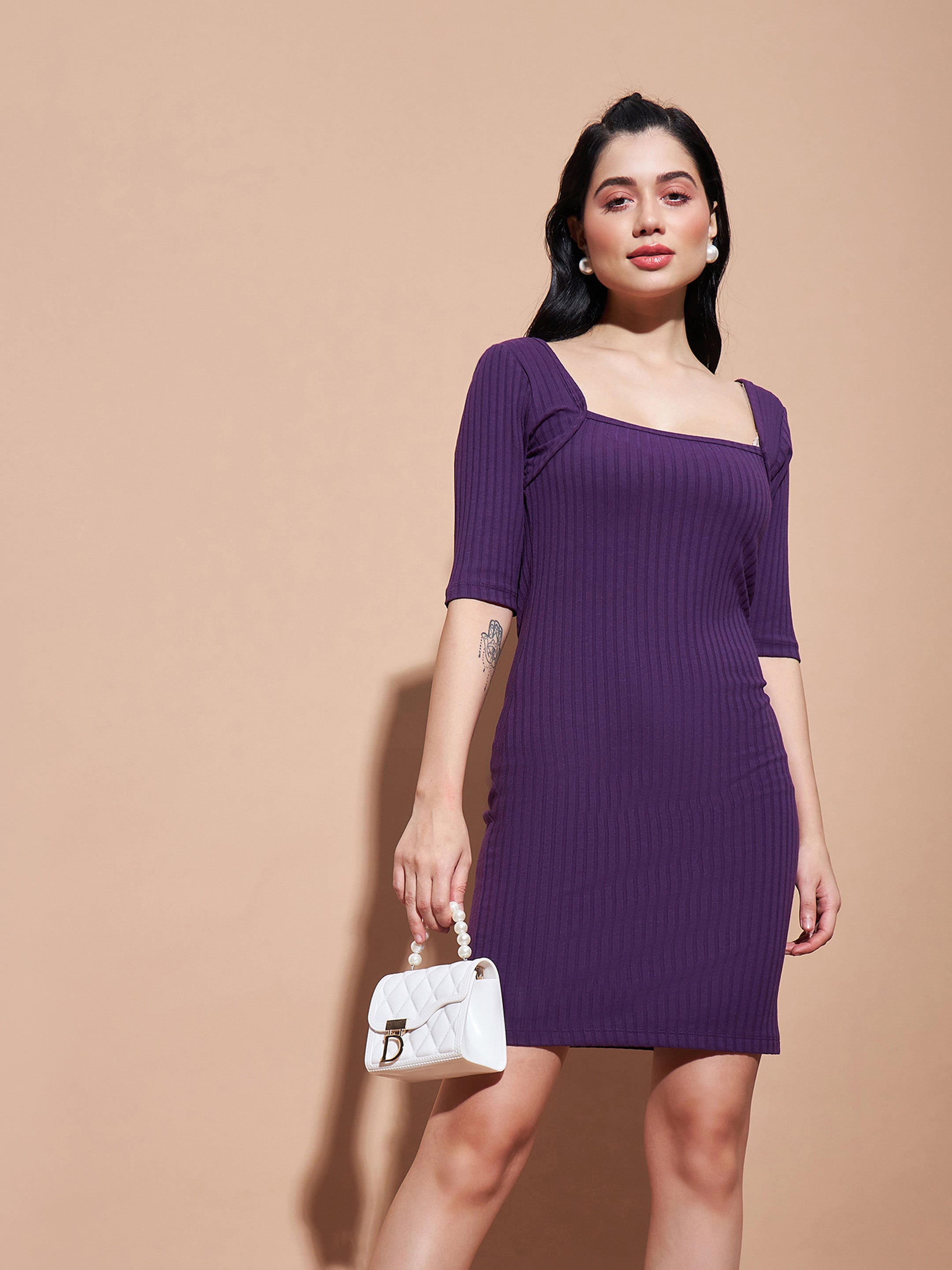 Women's Purple Rib Square Neck Short Dress - Lyush