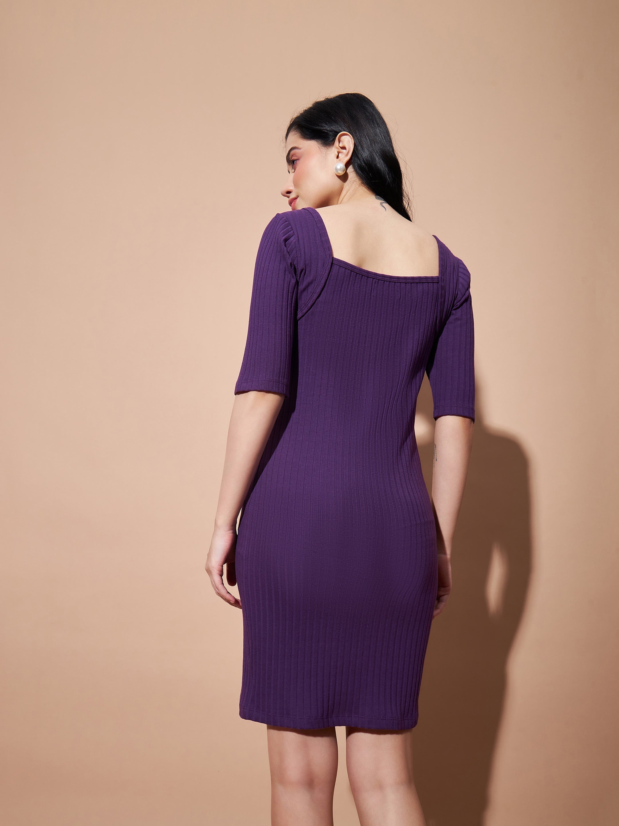 Women's Purple Rib Square Neck Short Dress - Lyush