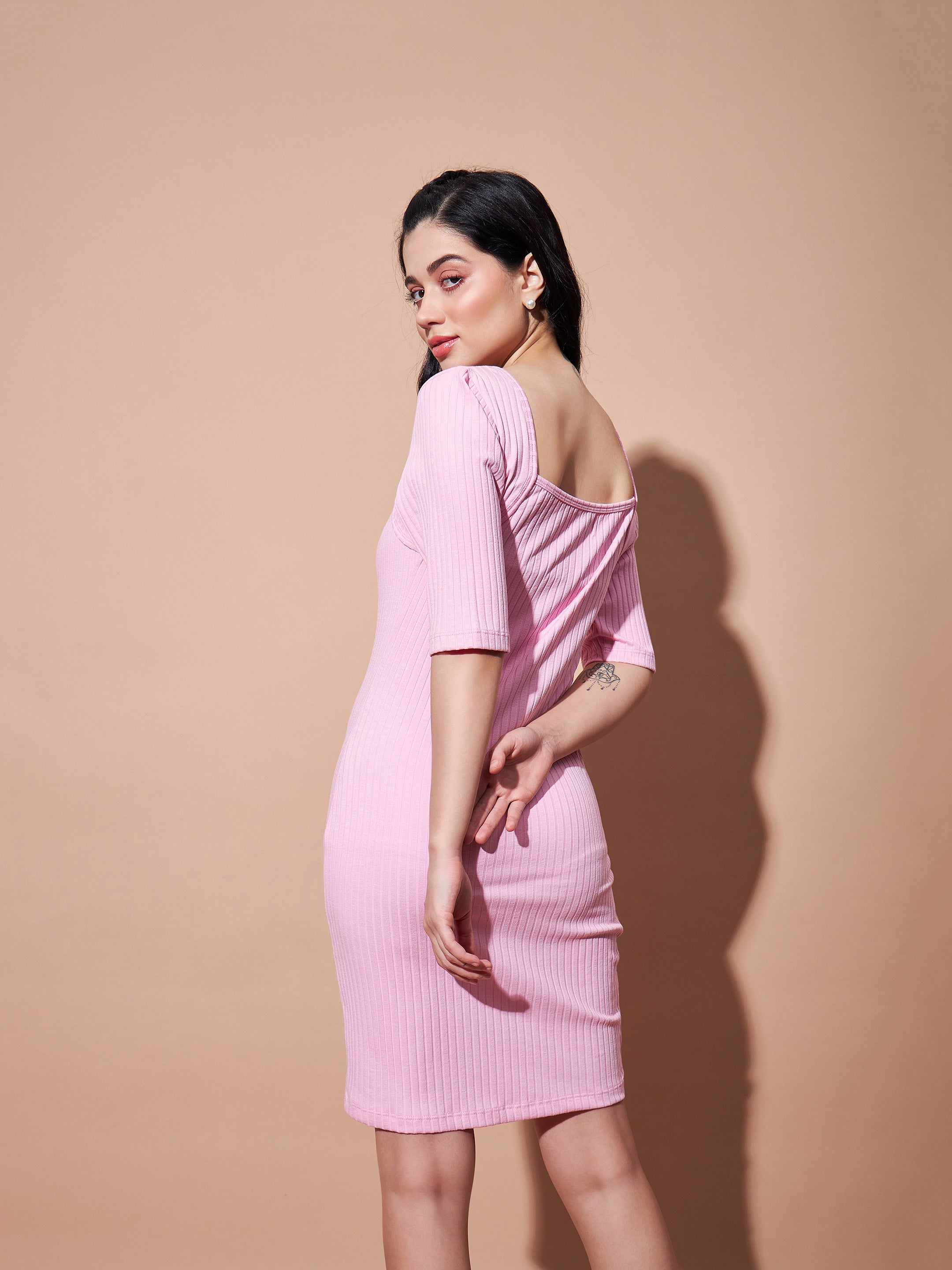 Women's Pink Rib Square Neck Short Dress - Lyush