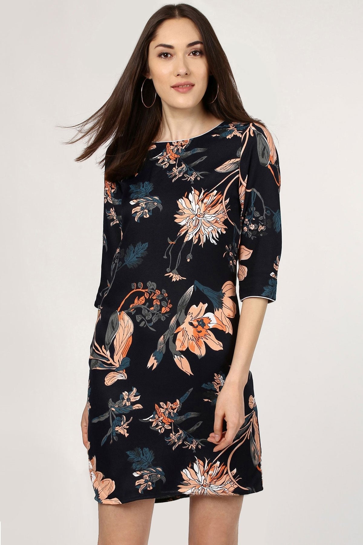 Women's Tropical Black Orange Shift Dress - SASSAFRAS