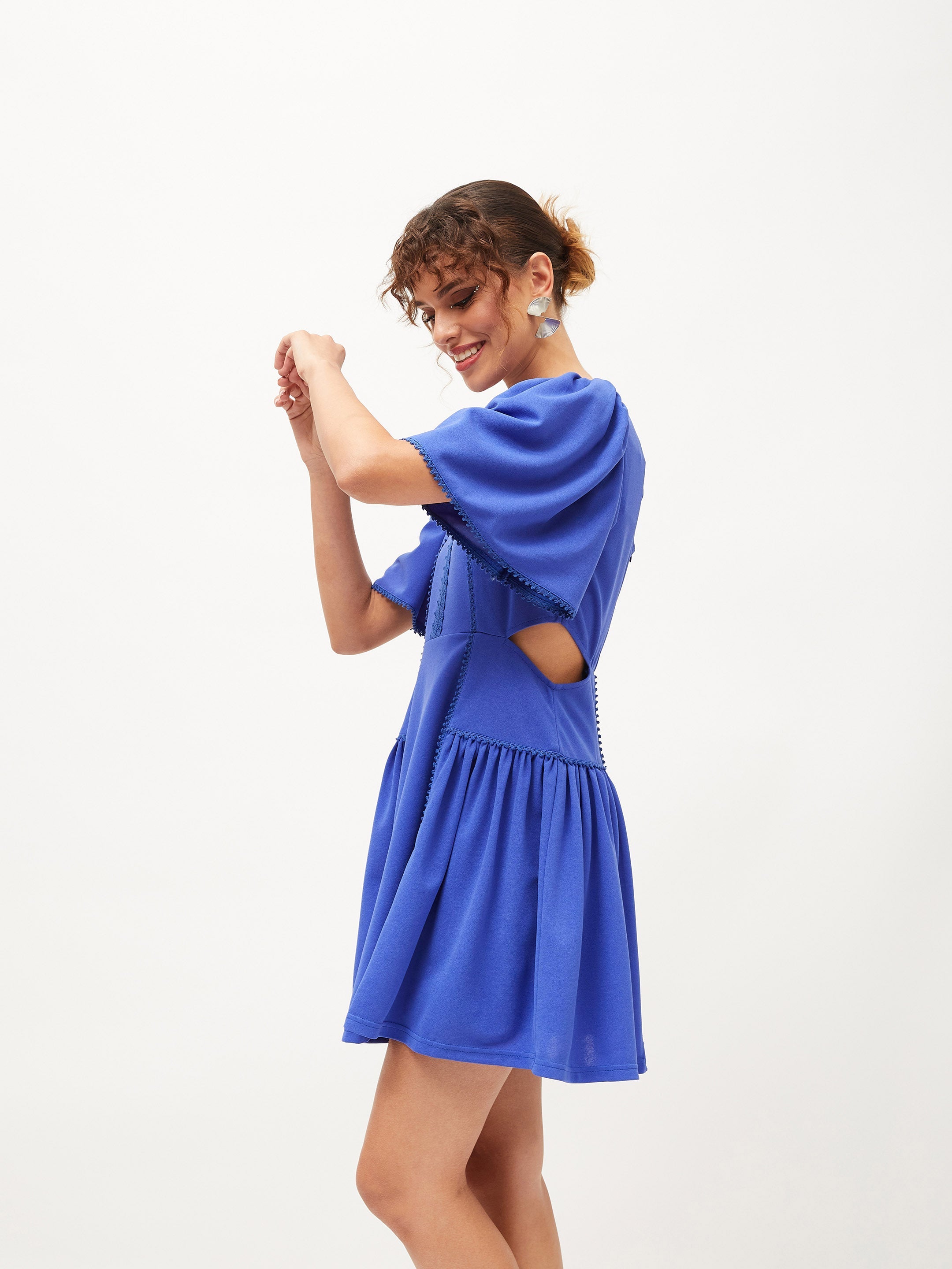 Women's Royal Blue Side Cut Out Skater Dress - Lyush