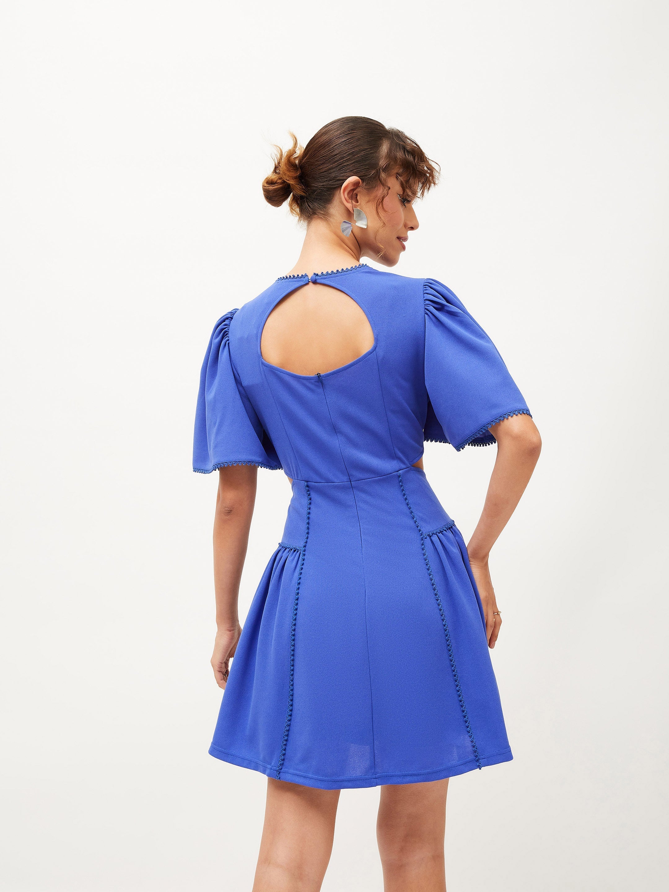 Women's Royal Blue Side Cut Out Skater Dress - Lyush