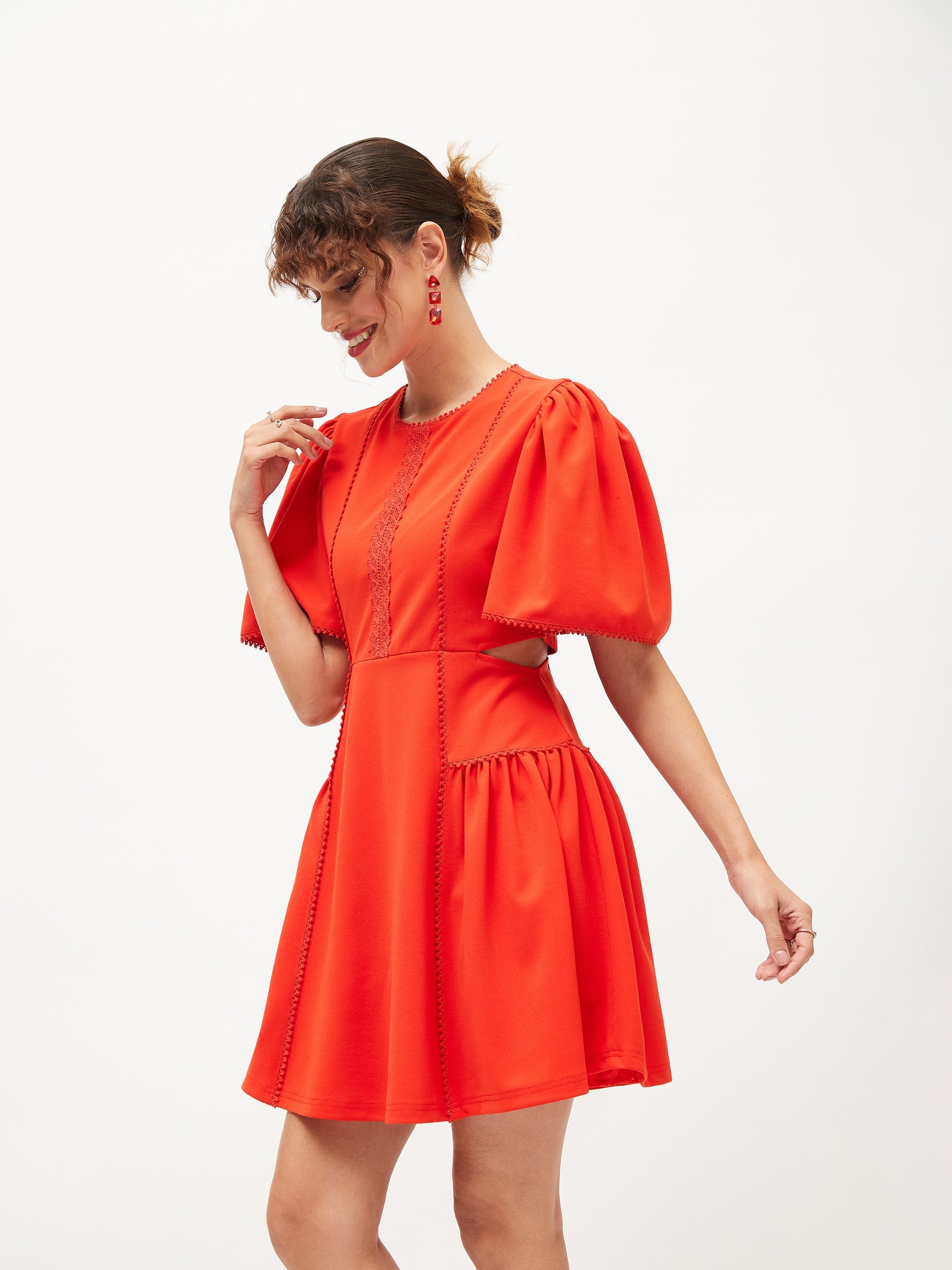 Women's Orange Side Cut Out Skater Dress - Lyush