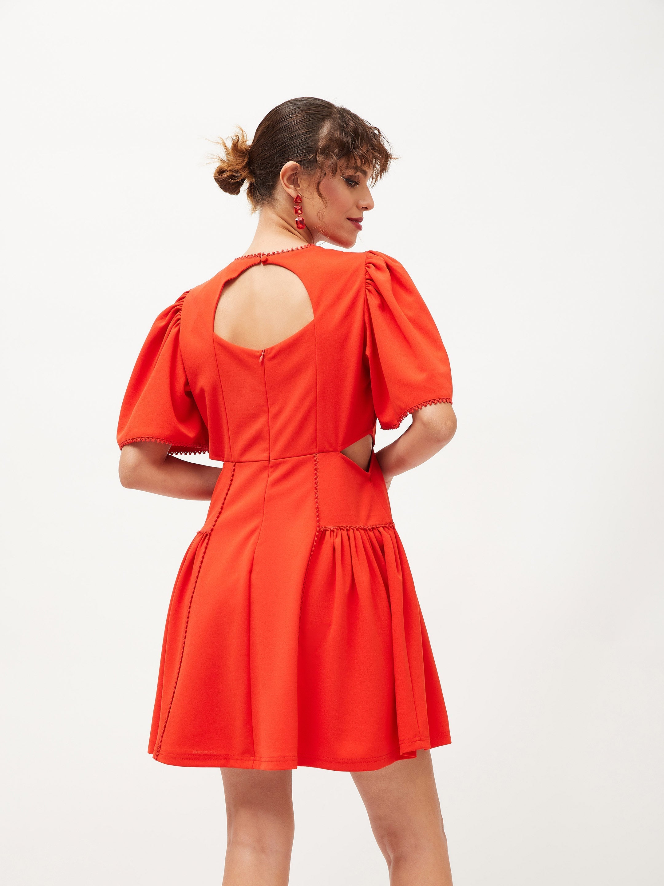 Women's Orange Side Cut Out Skater Dress - Lyush