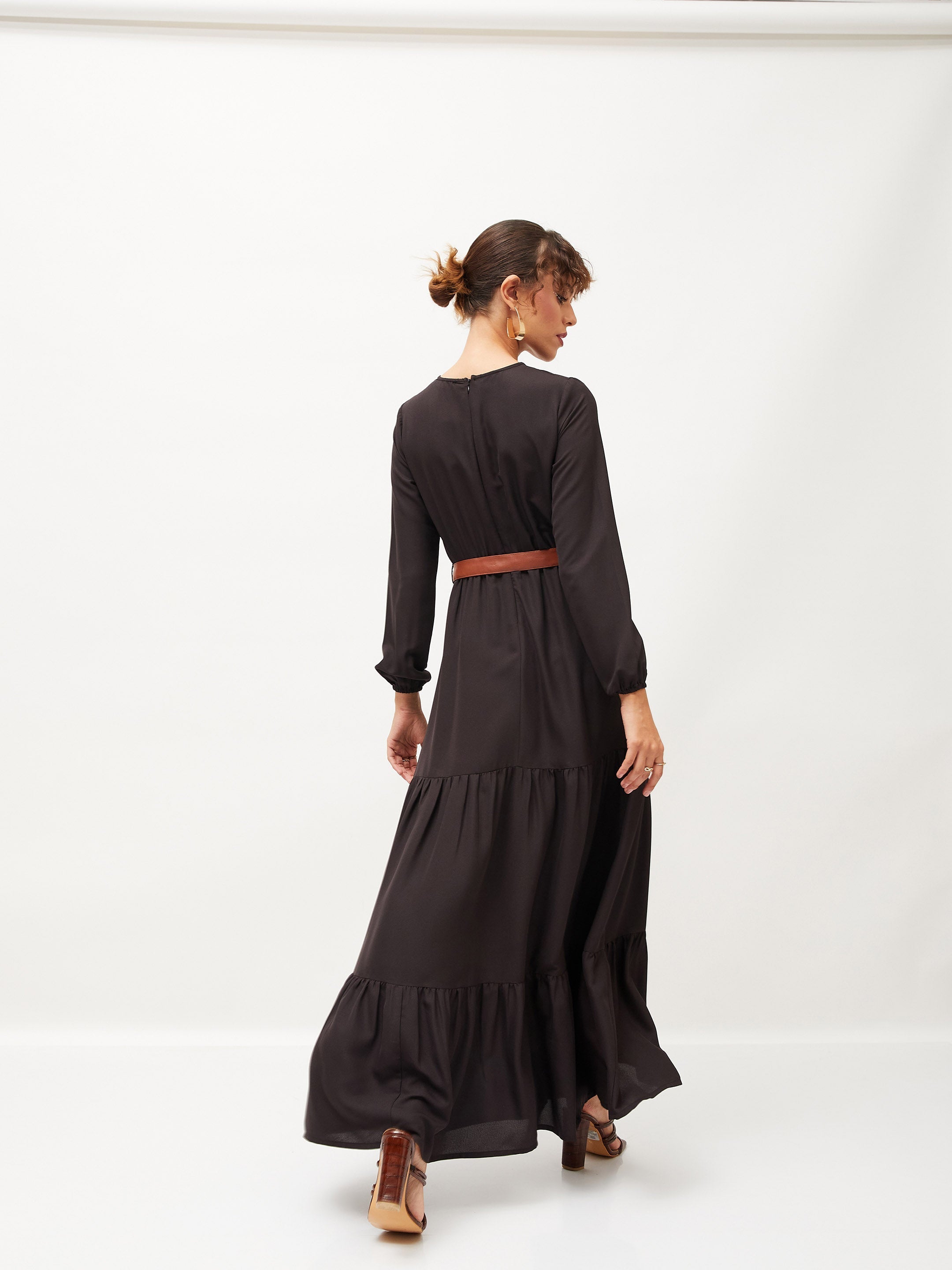 Women's Black Belted Tiered Maxi Dress - Lyush