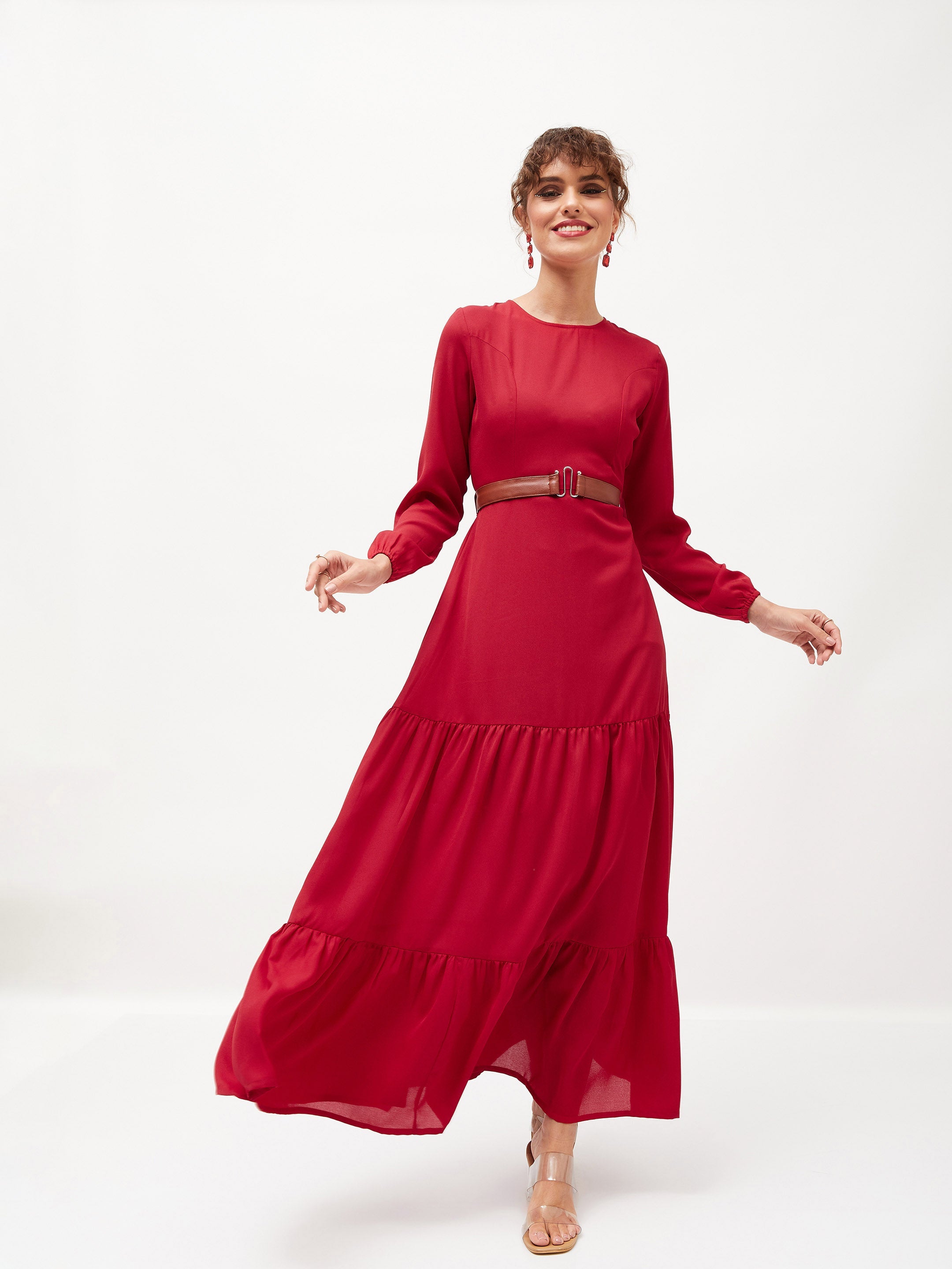 Women's Maroon Belted Tiered Maxi Dress - Lyush