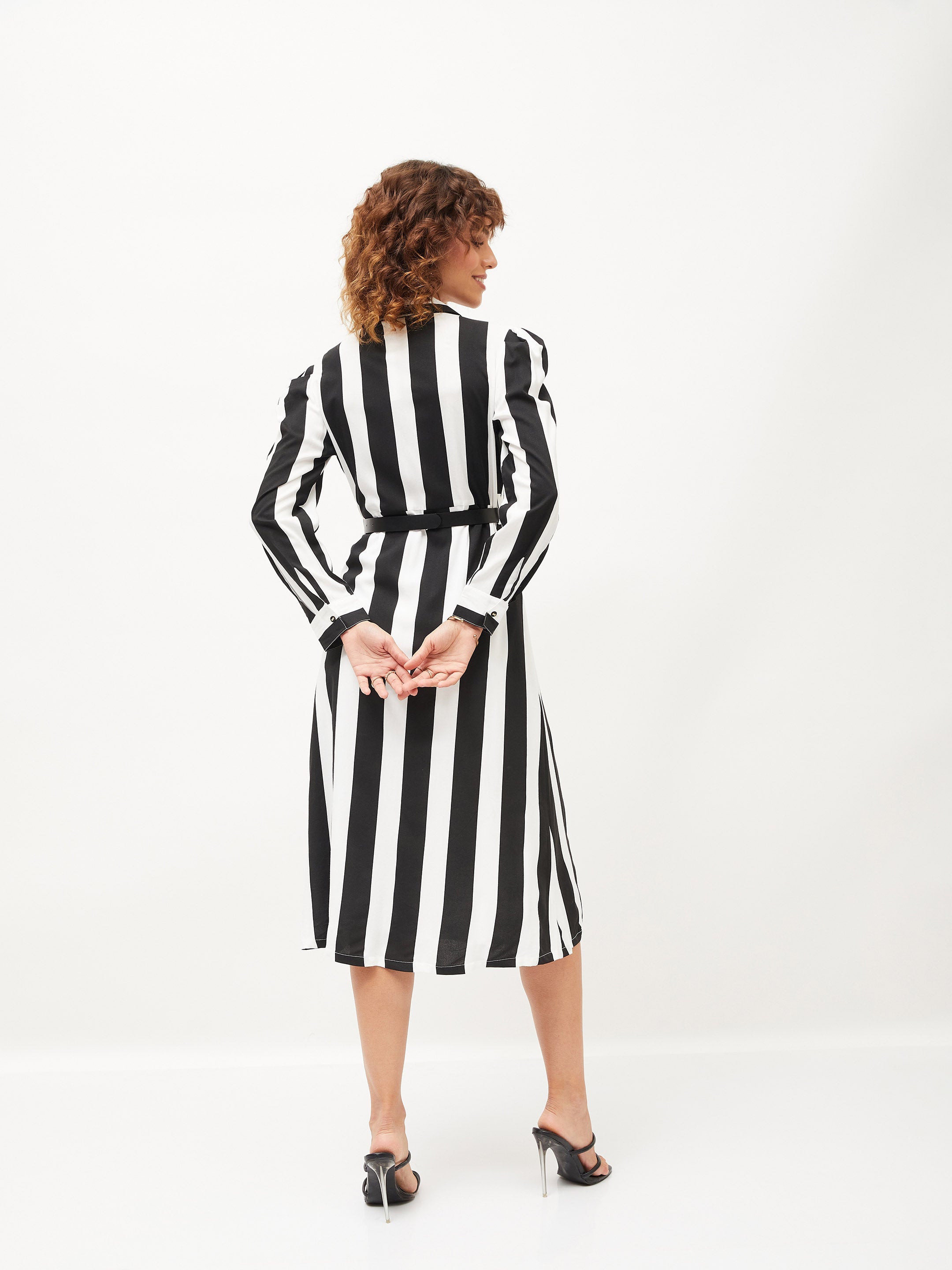 Women's Black & White Striped Belted Shirt Dress - Lyush