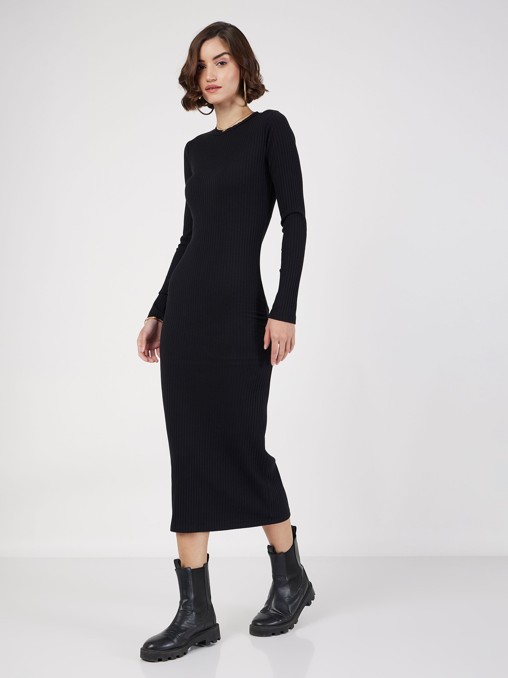 Women's Black Rib Bodycon Midi Dress - Lyush