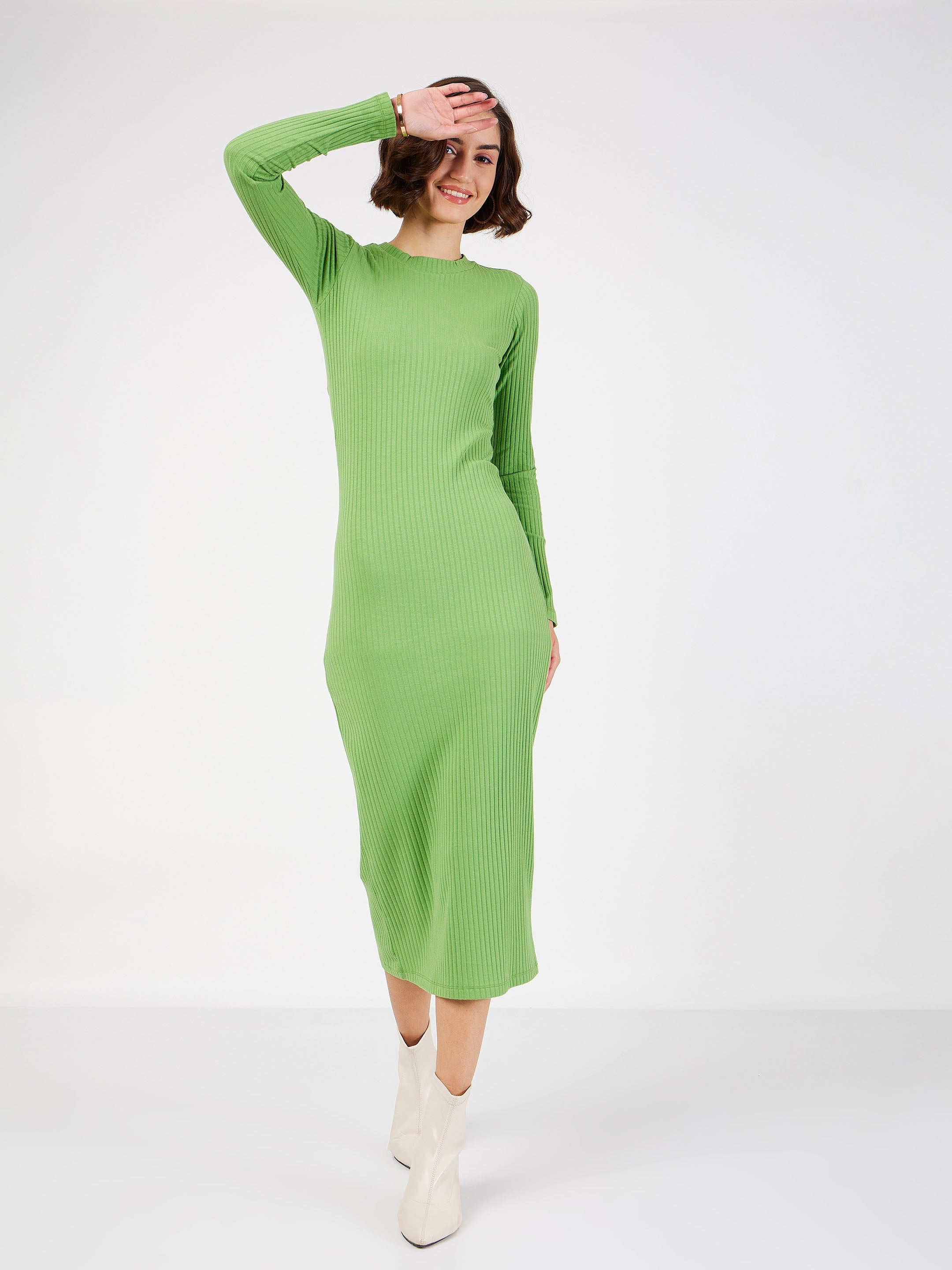 Women's Green Rib Bodycon Midi Dress - Lyush