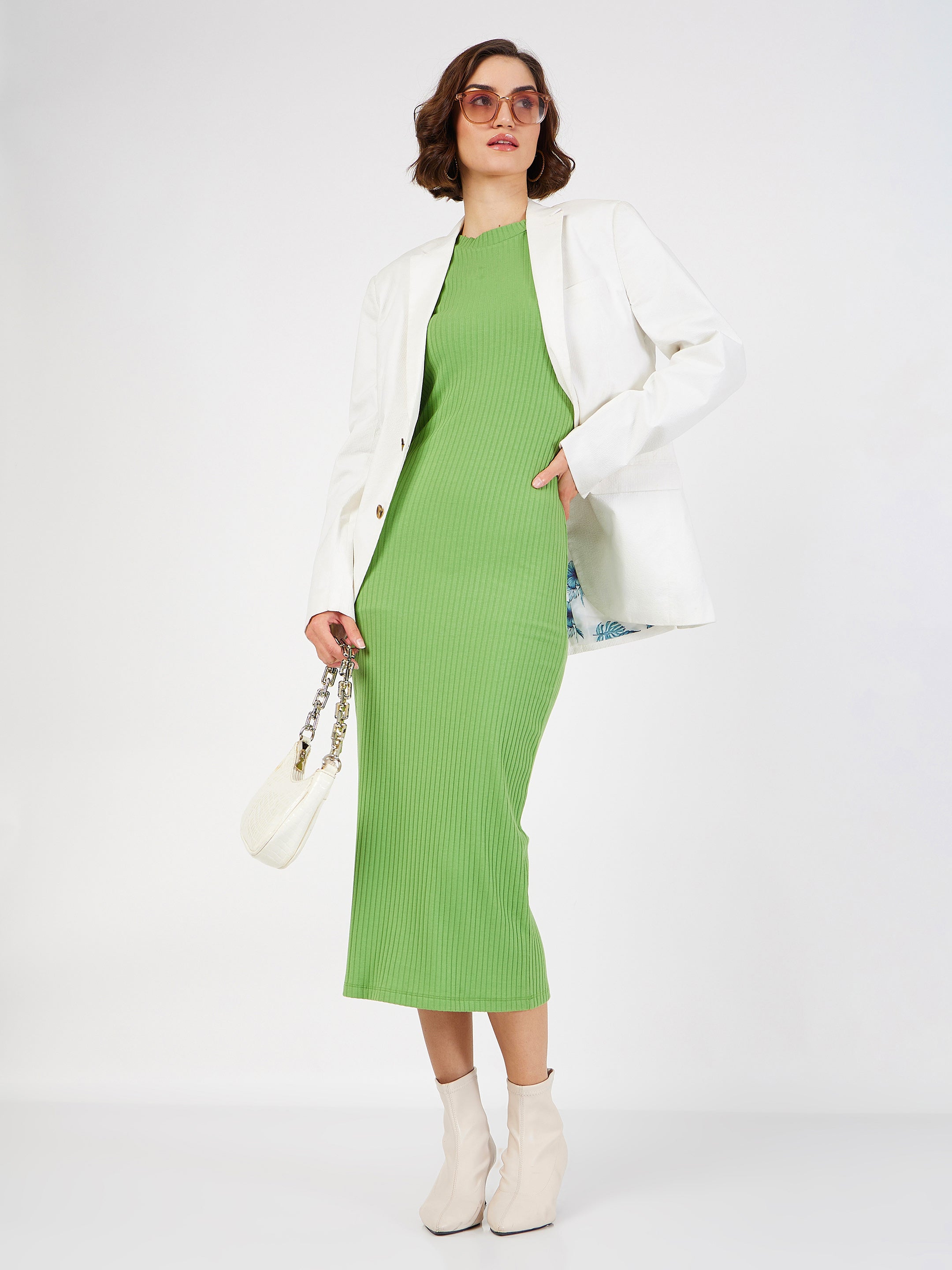 Women's Green Rib Bodycon Midi Dress - Lyush