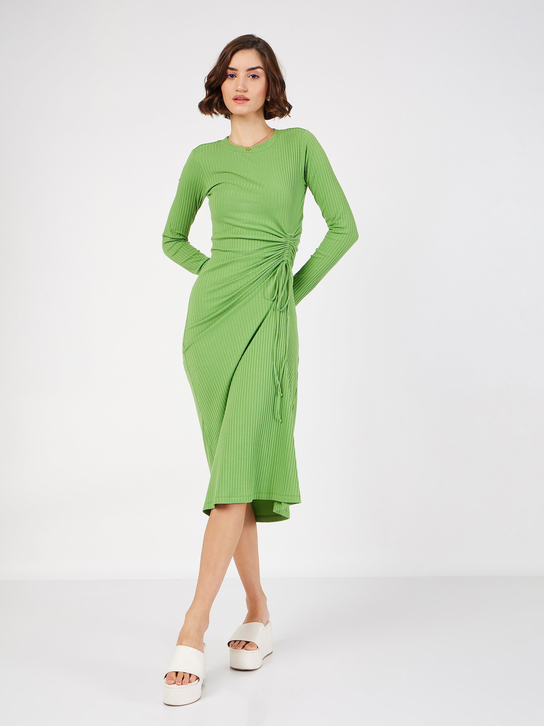 Women's Green Rib Side Ruched Bodycon Midi Dress - Lyush