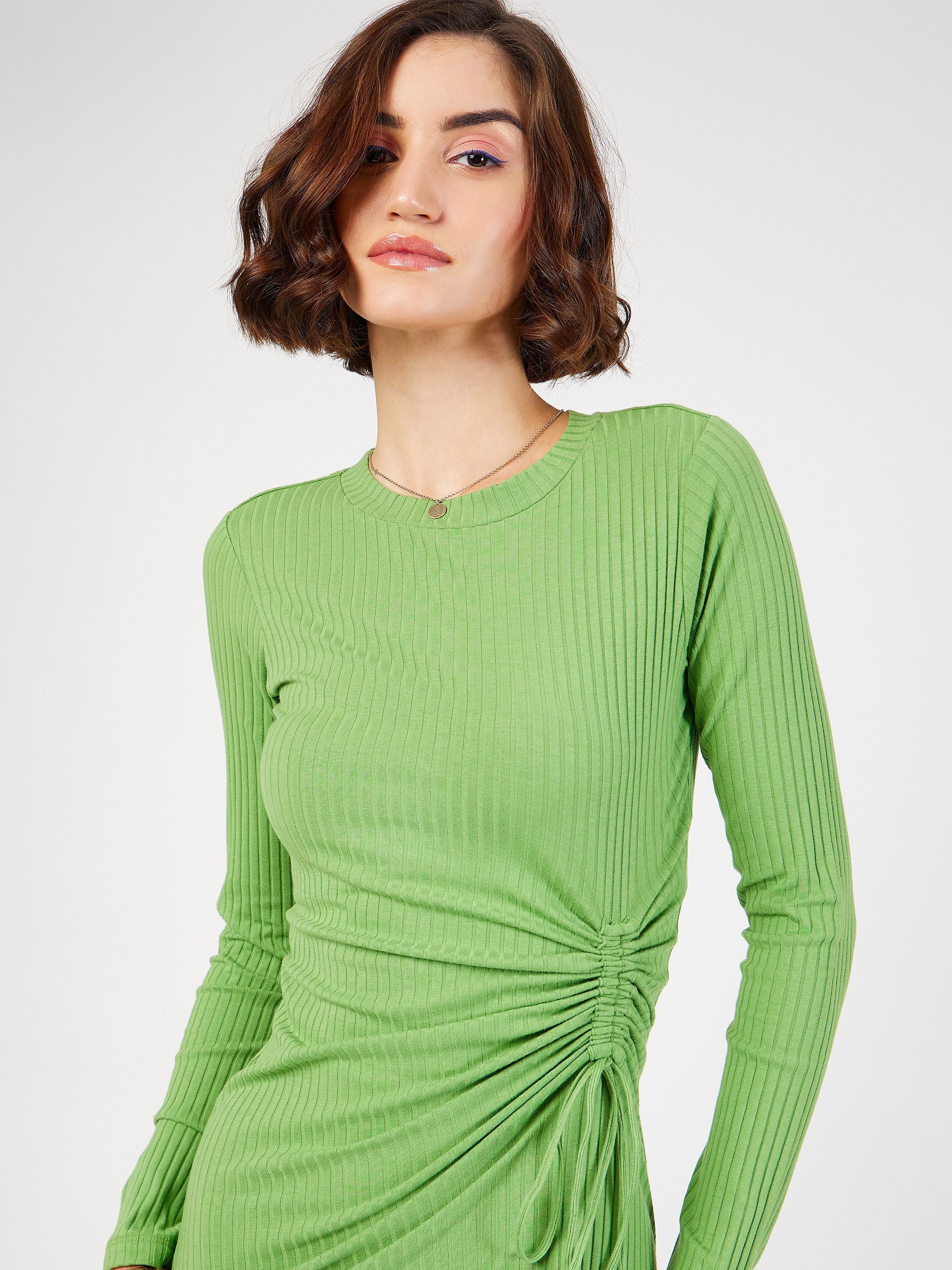 Women's Green Rib Side Ruched Bodycon Midi Dress - Lyush