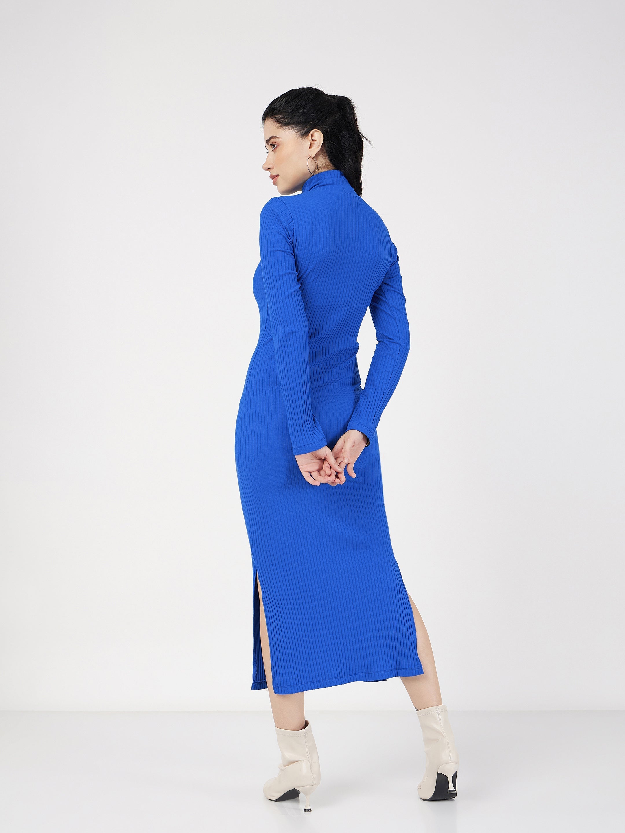 Women's Royal Blue Rib High Neck Front Zipper Dress - Lyush