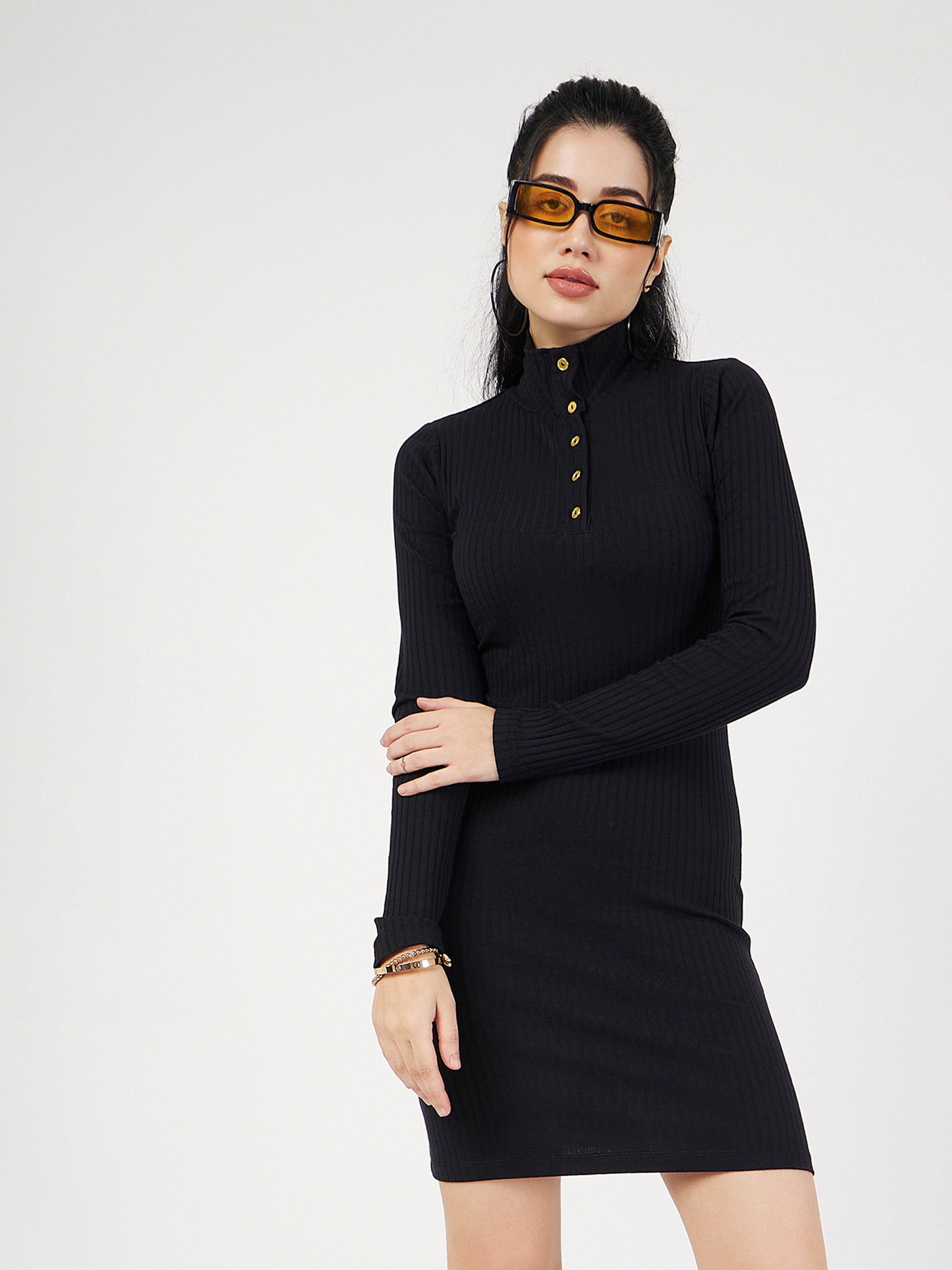 Women's Black Rib High Neck Front Button Mini Dress - Lyush