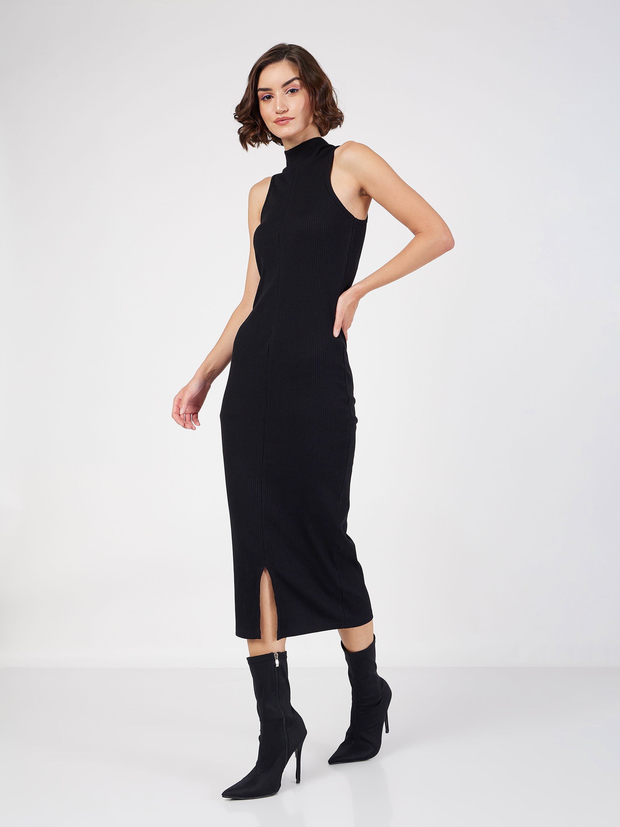 Women's Black Rib Turtle Neck Sleeveless Midi Dress - Lyush