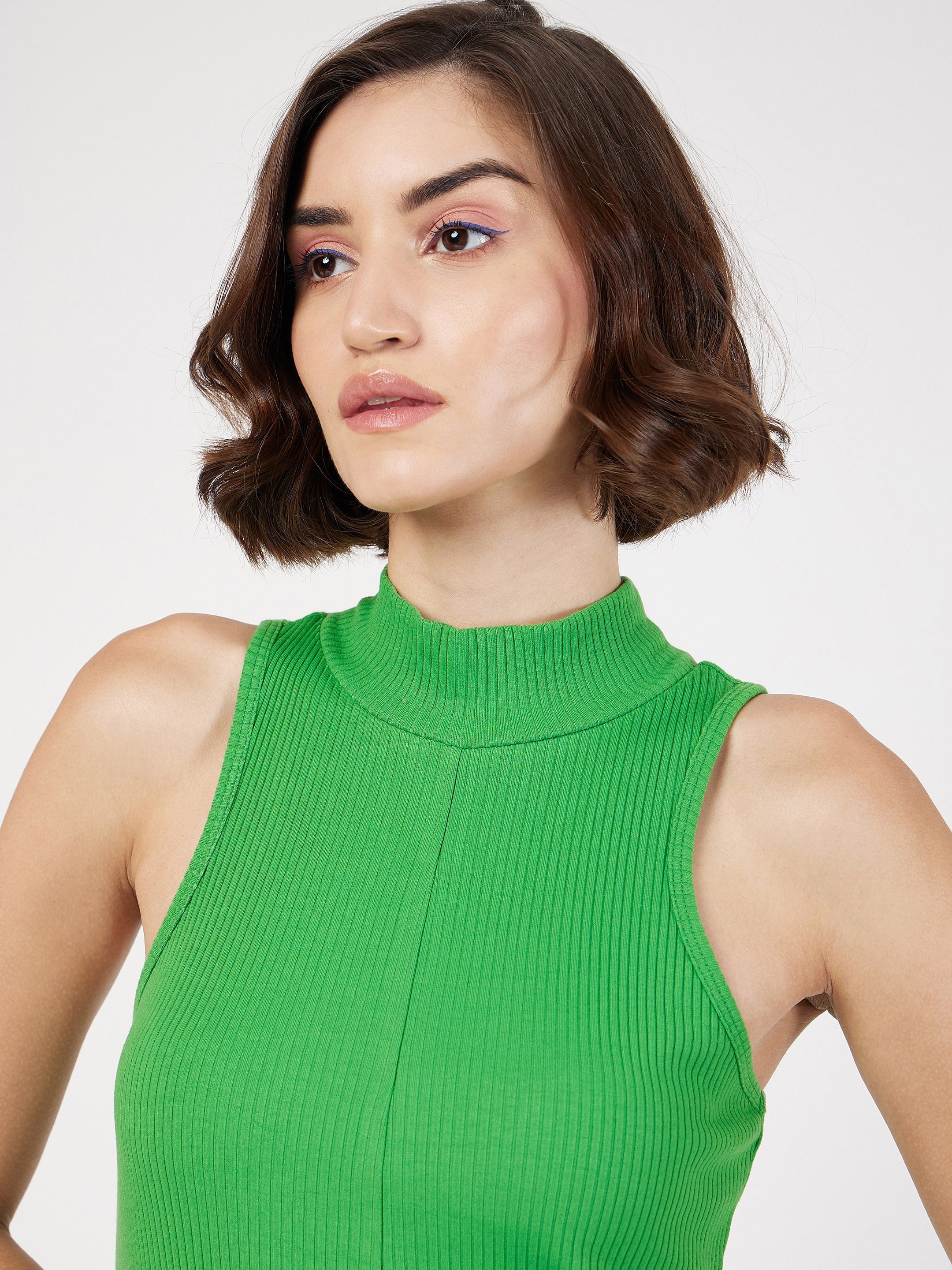 Women's Green Rib Turtle Neck Sleeveless Midi Dress - Lyush