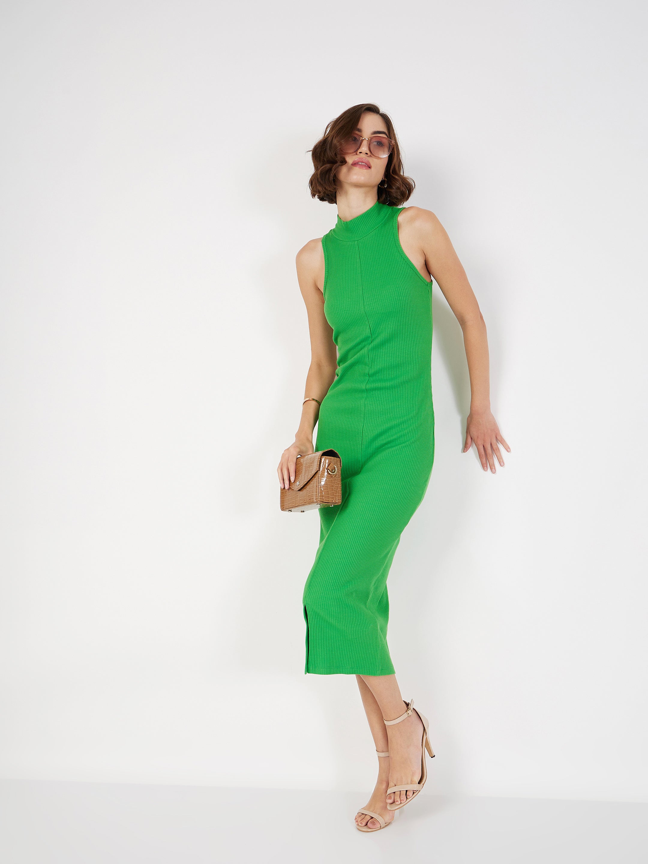 Women's Green Rib Turtle Neck Sleeveless Midi Dress - Lyush