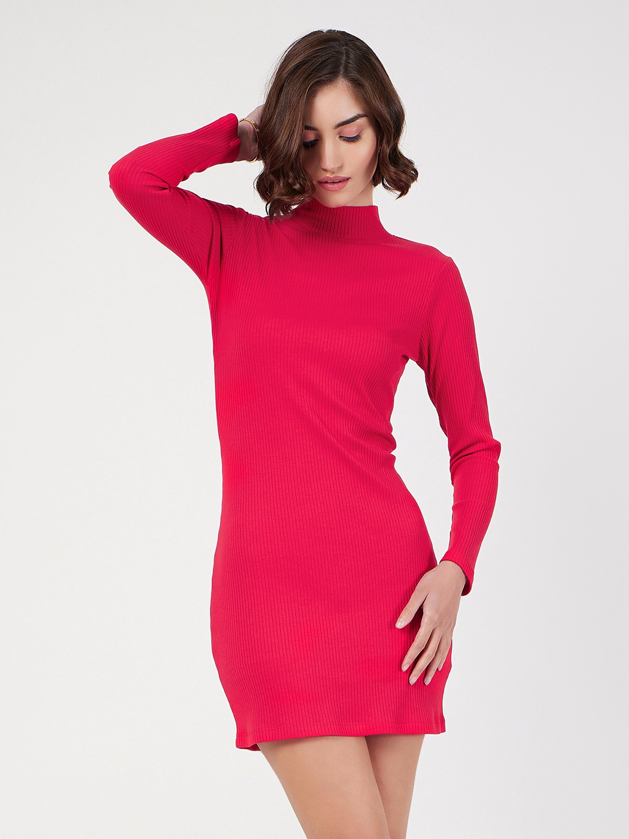 Women's Red Rib Turtle Neck Short Dress - Lyush