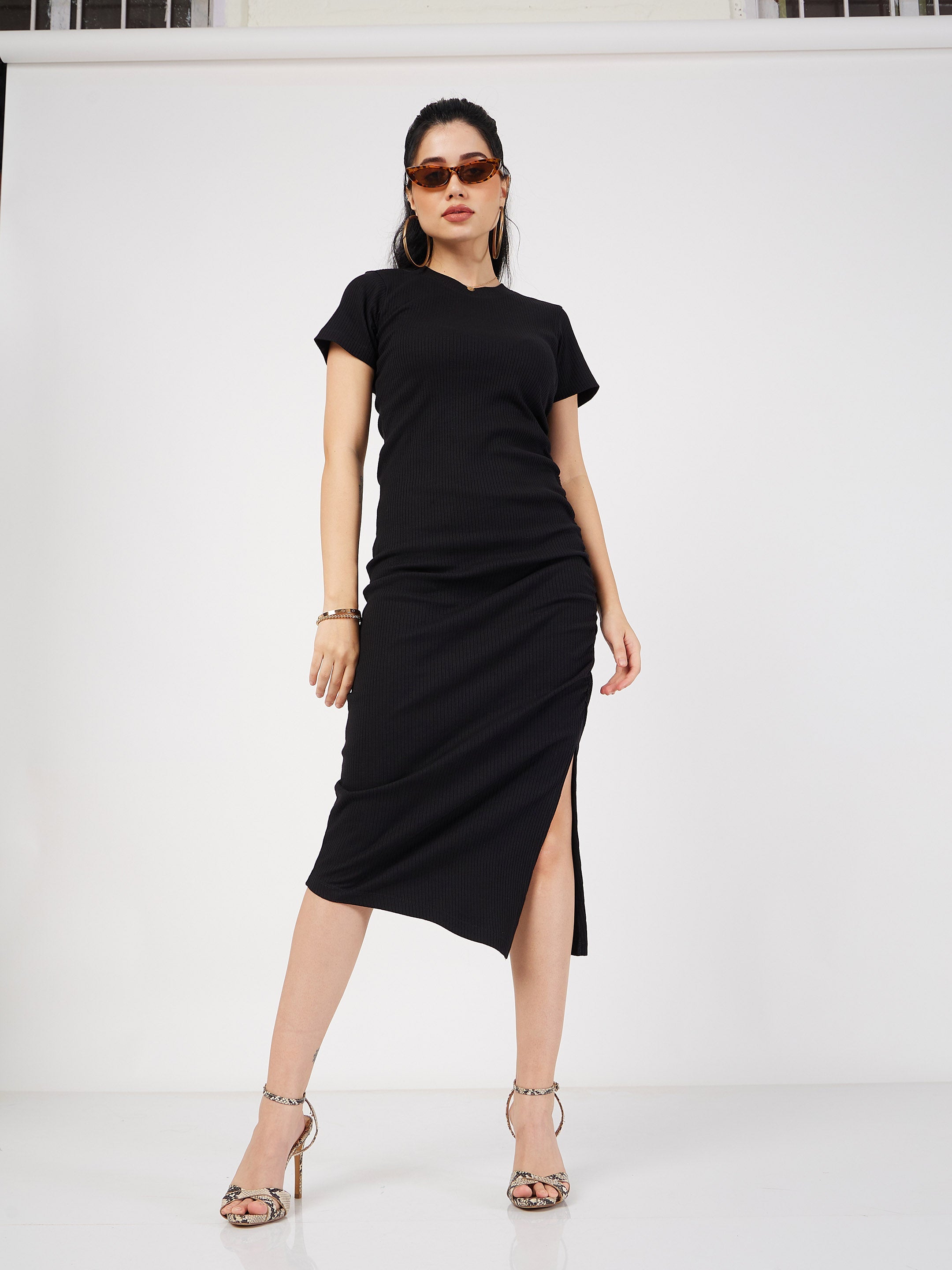 Women's Black Rib Side Ruched Bodycon Maxi Dress - Lyush