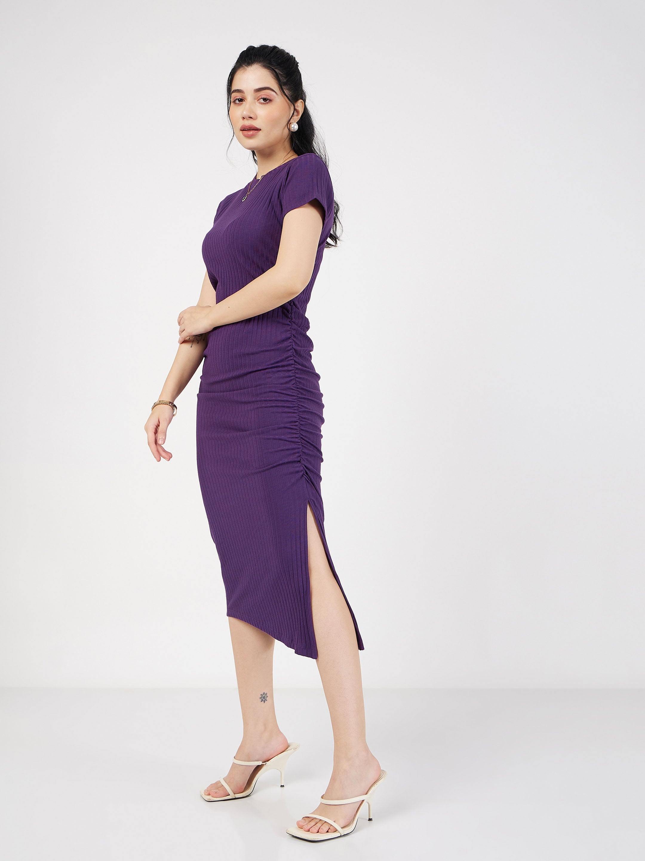 Women's Purple Rib Side Ruched Bodycon Maxi Dress - Lyush