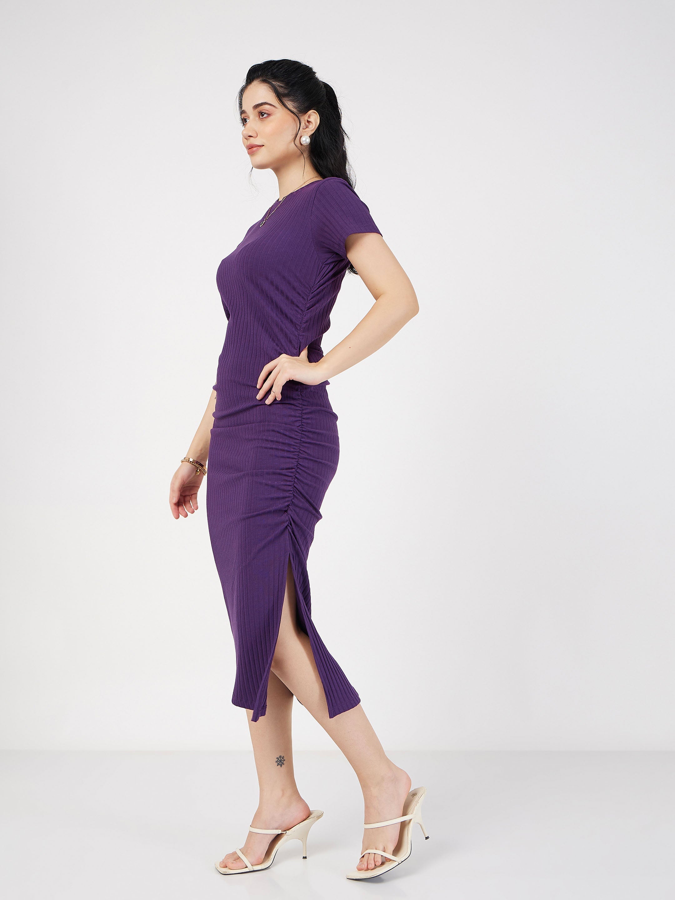 Women's Purple Rib Side Ruched Bodycon Maxi Dress - Lyush