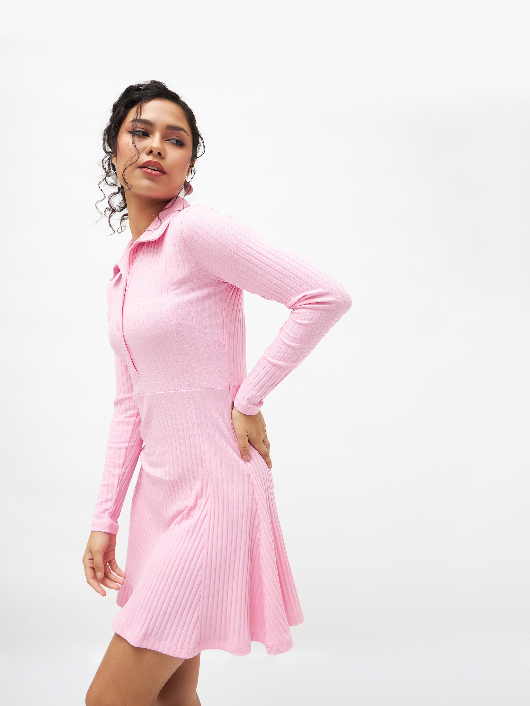 Women's Pink Rib Polo Neck Skater Dress - Lyush