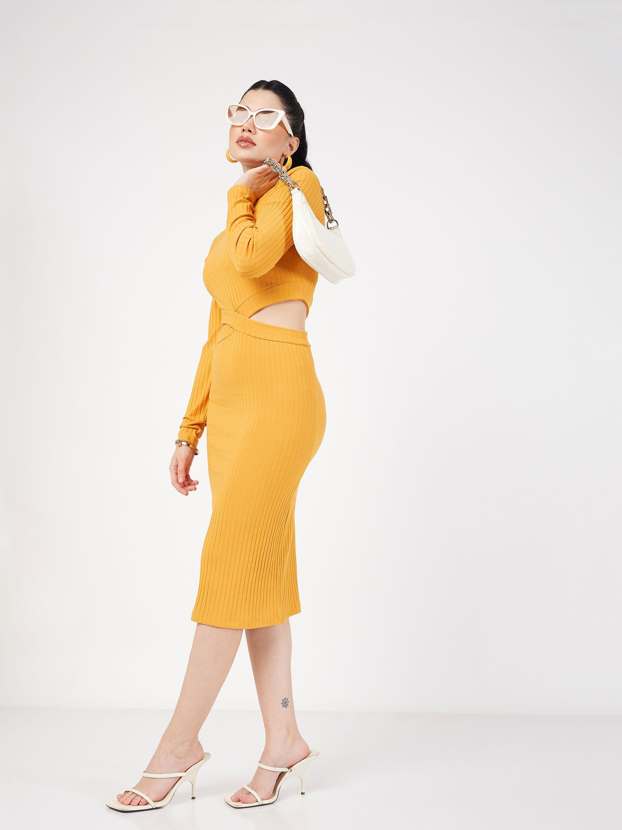 Women's Yellow Rib Side Cut-Out Midi Dress - Lyush