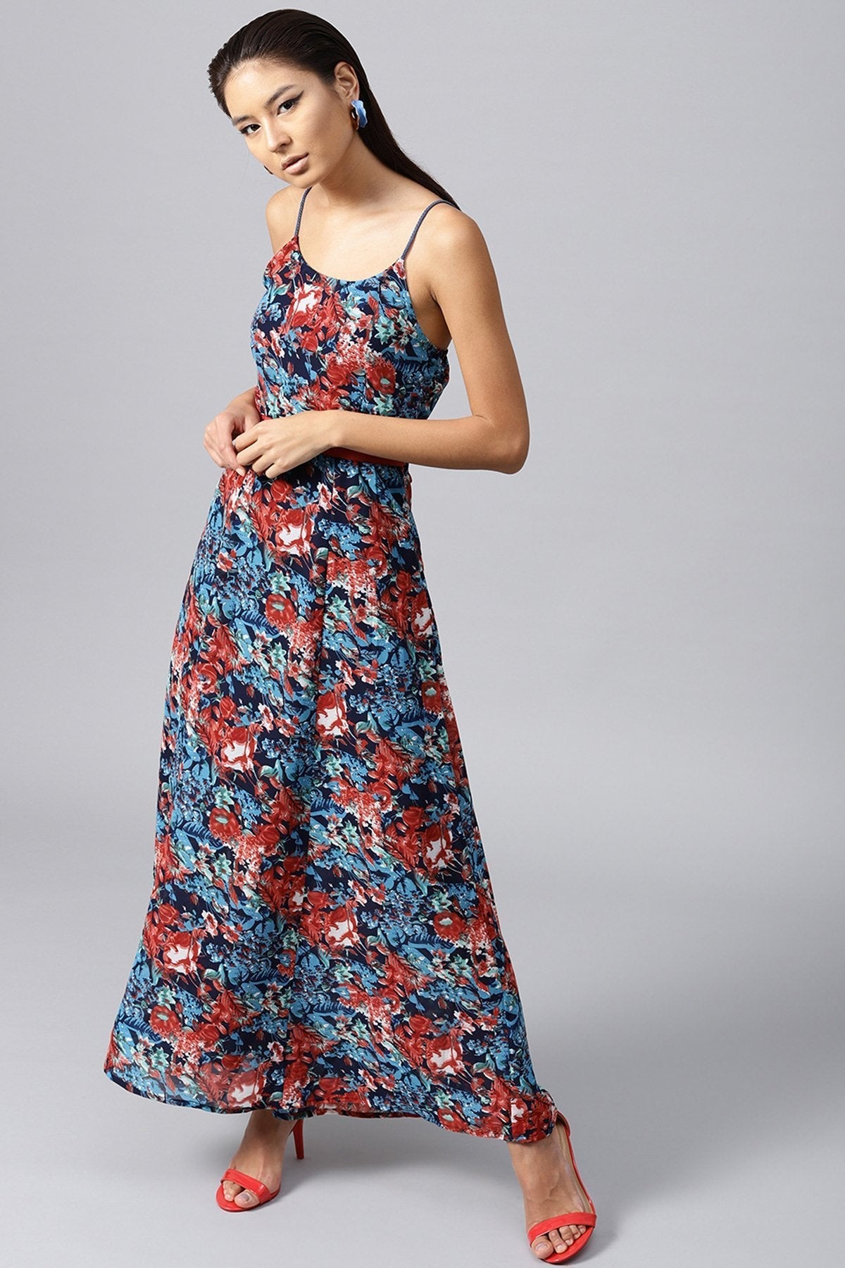 Women's Navy Tropical Belted Strappy Maxi - SASSAFRAS