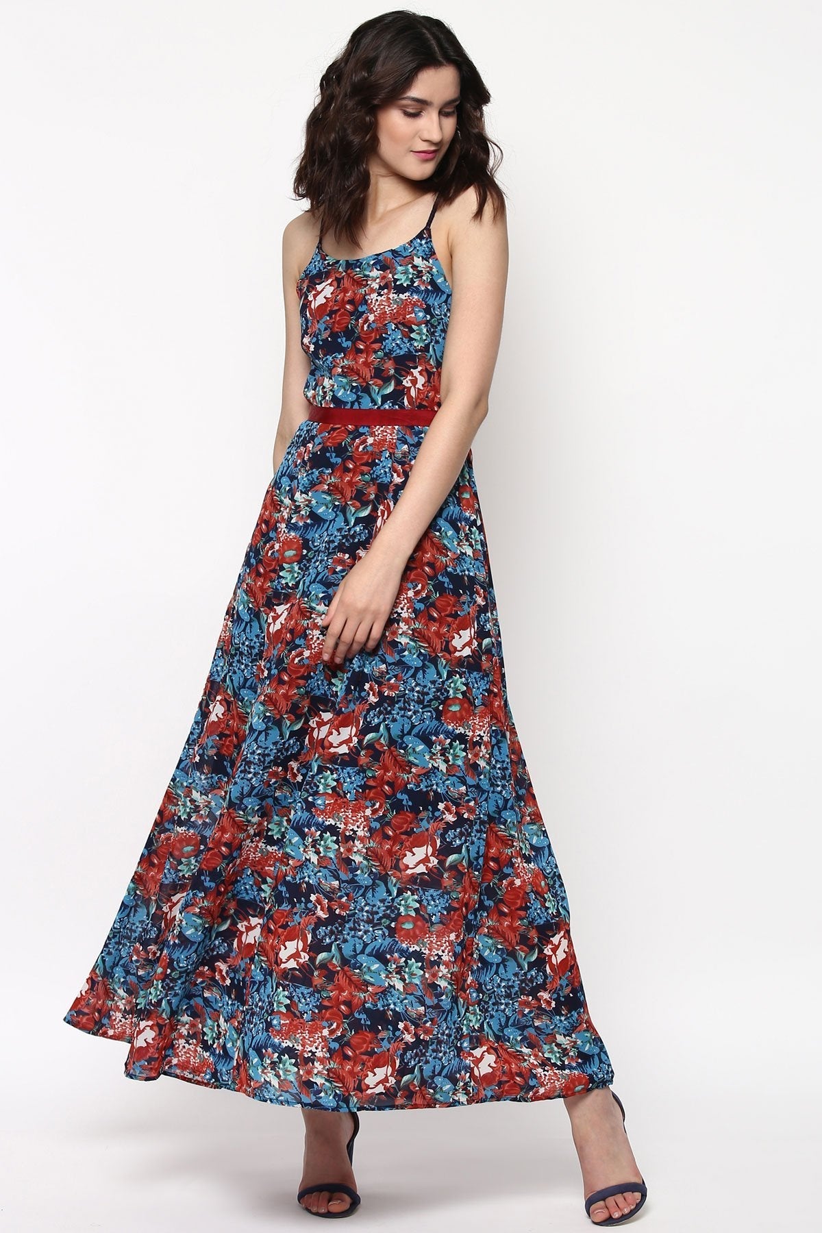 Women's Navy Tropical Belted Strappy Maxi - SASSAFRAS