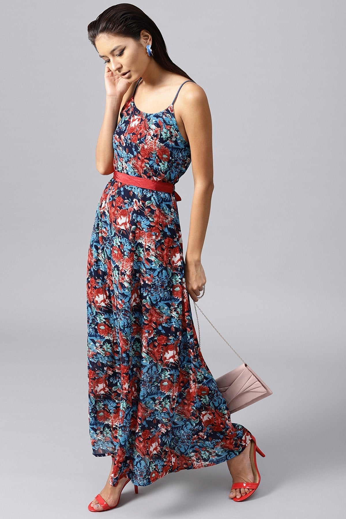 Women's Navy Tropical Belted Strappy Maxi - SASSAFRAS