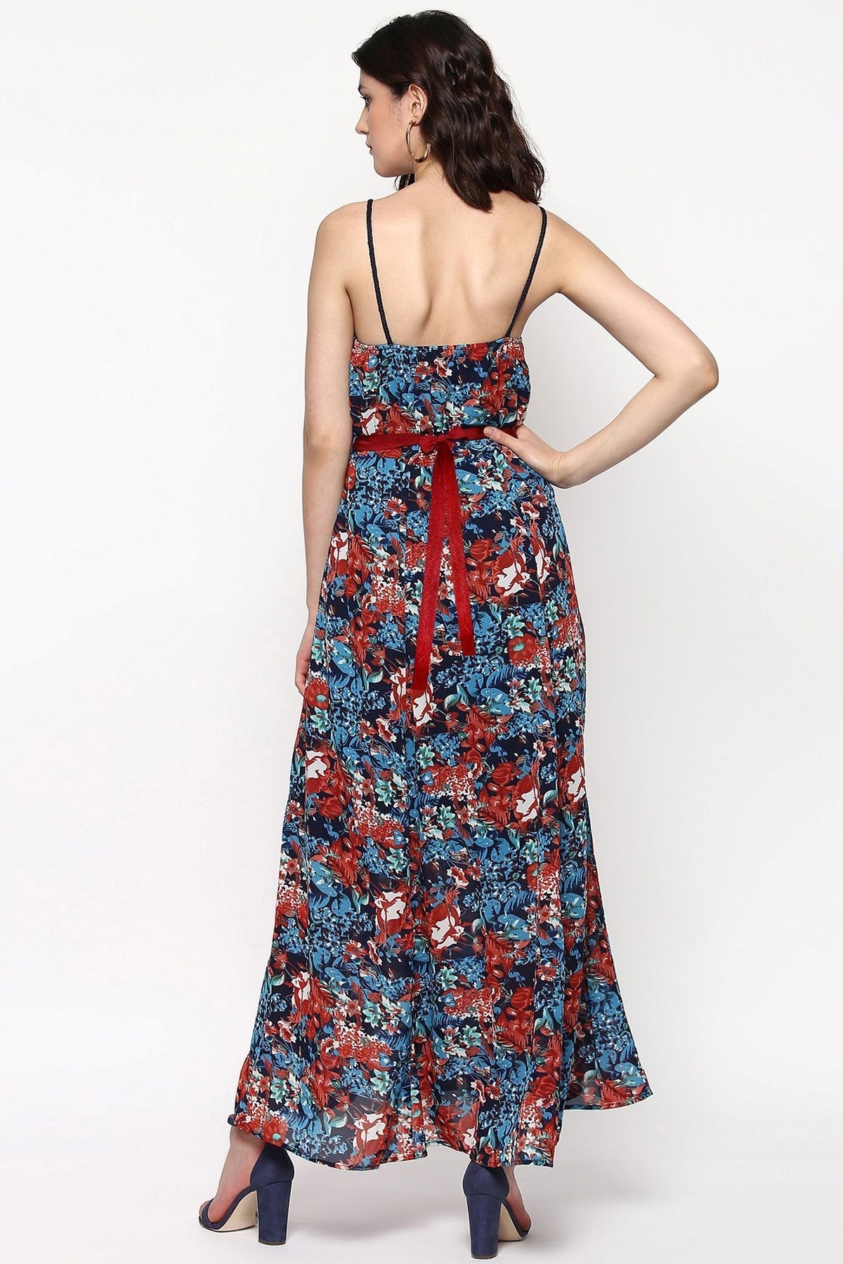 Women's Navy Tropical Belted Strappy Maxi - SASSAFRAS