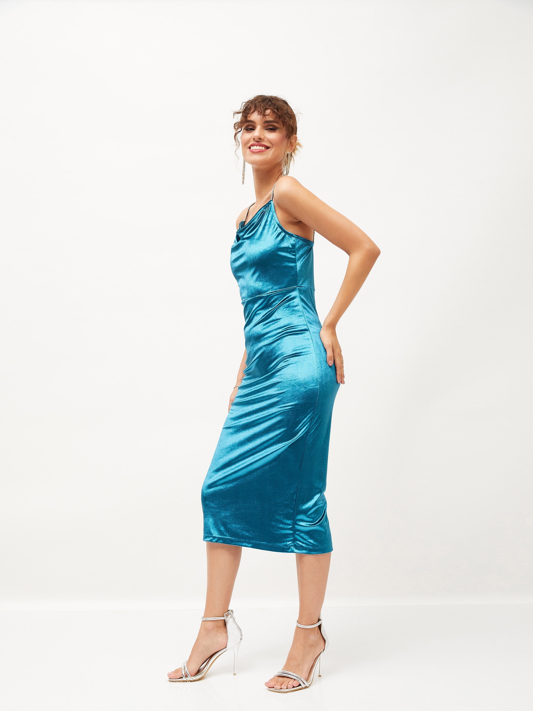 Women's Turquoise Velvet Cowl Neck Bodycon Dress - Lyush