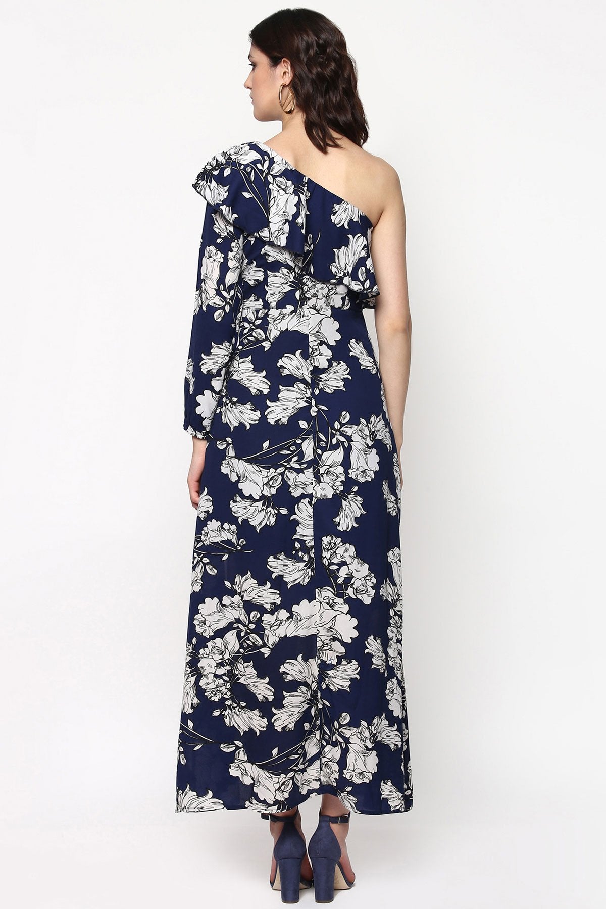 Women's Blue Floral One Shoulder Maxi Dress - SASSAFRAS